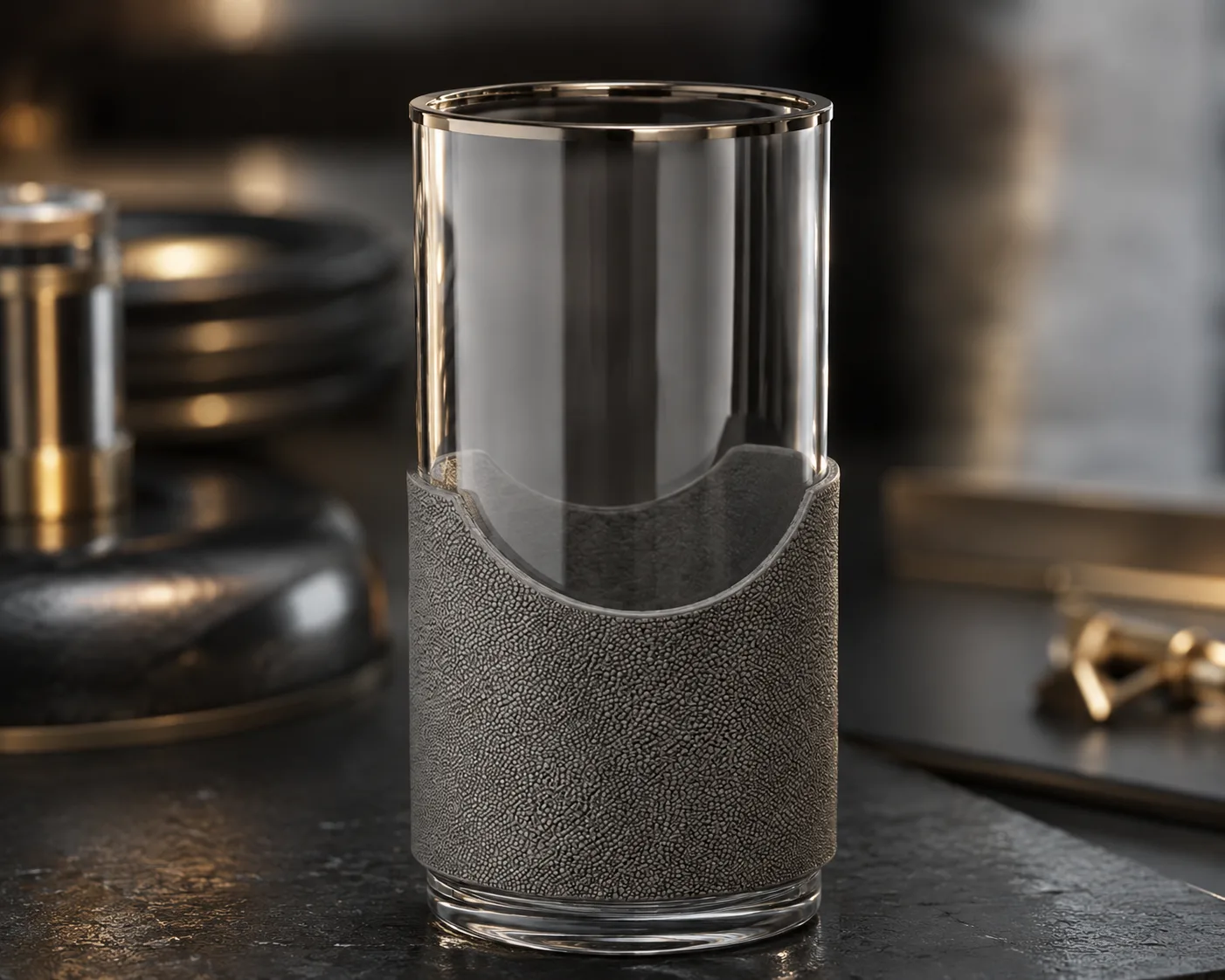 Glass Hurricane Vase in a coordinated tabletop or interior display.