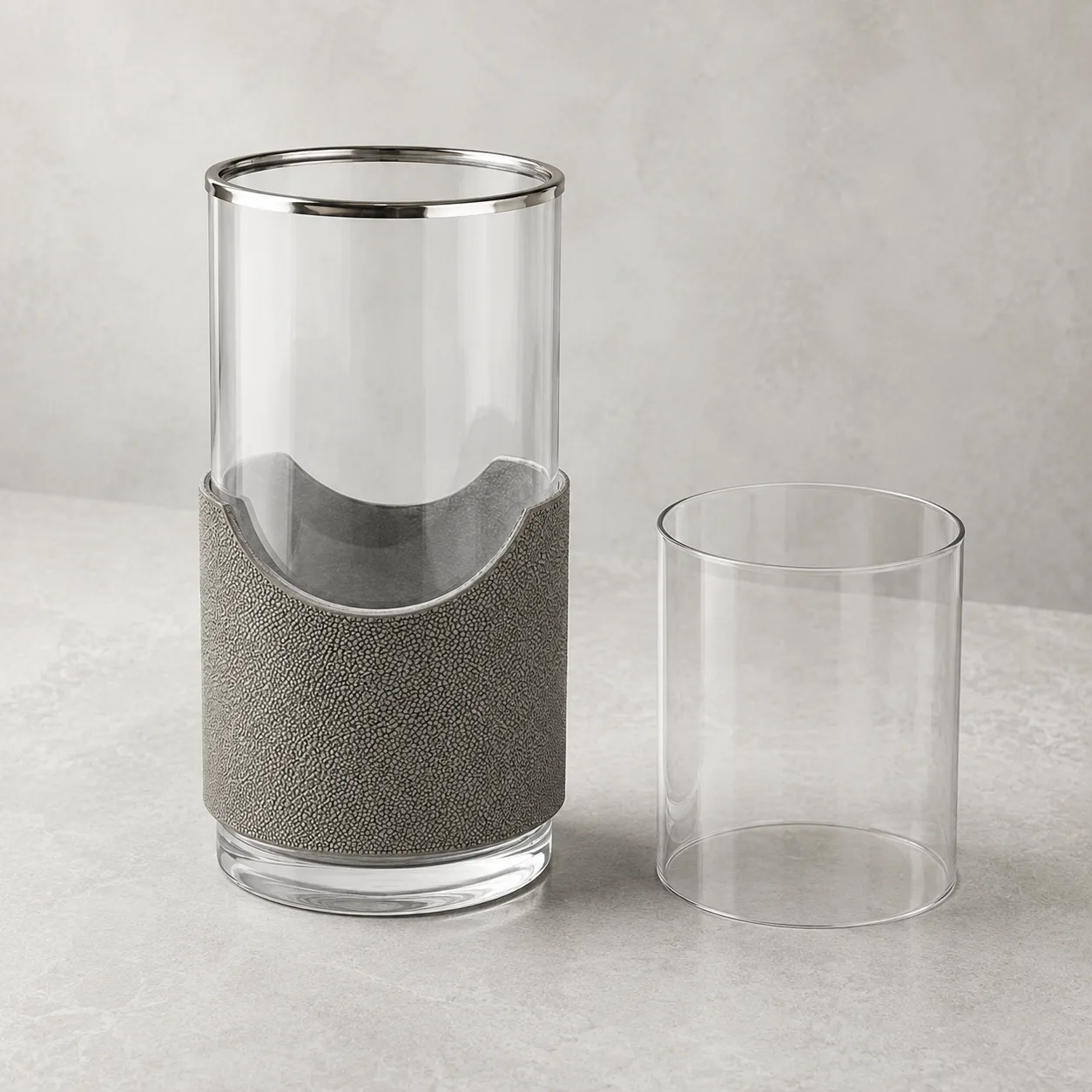 Angled side view of Glass Hurricane Vase showing the outer profile
