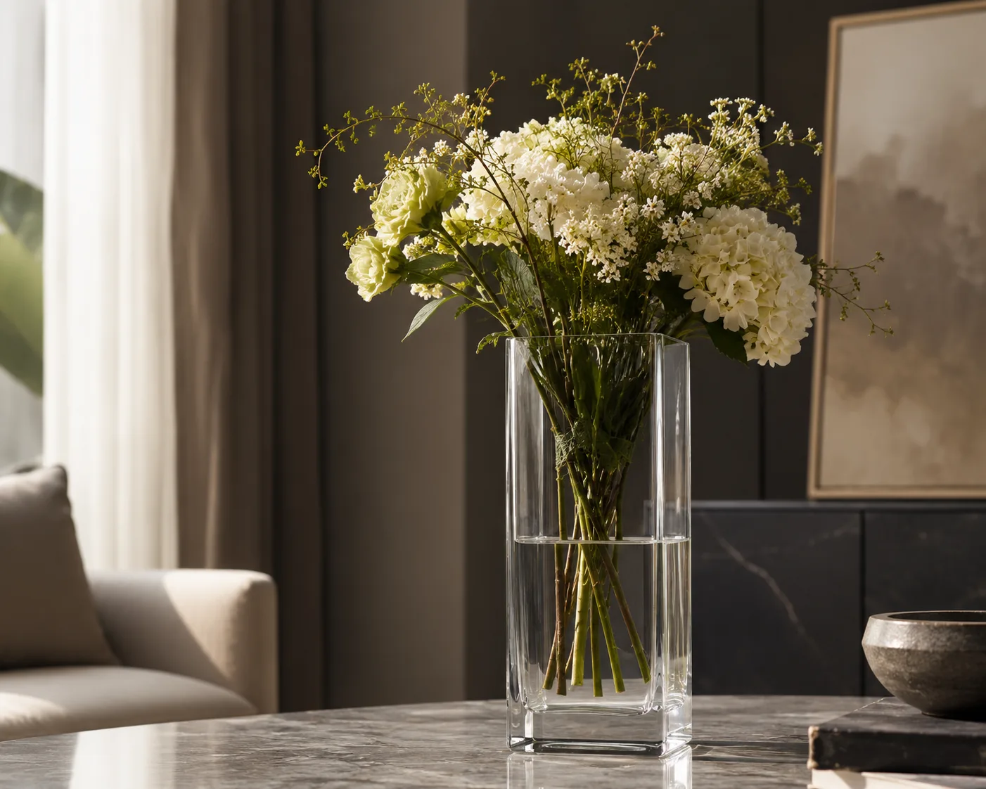 Glass Rectangular Vase in a decorative floral setting for linear floral arrangements and modern centerpieces.
