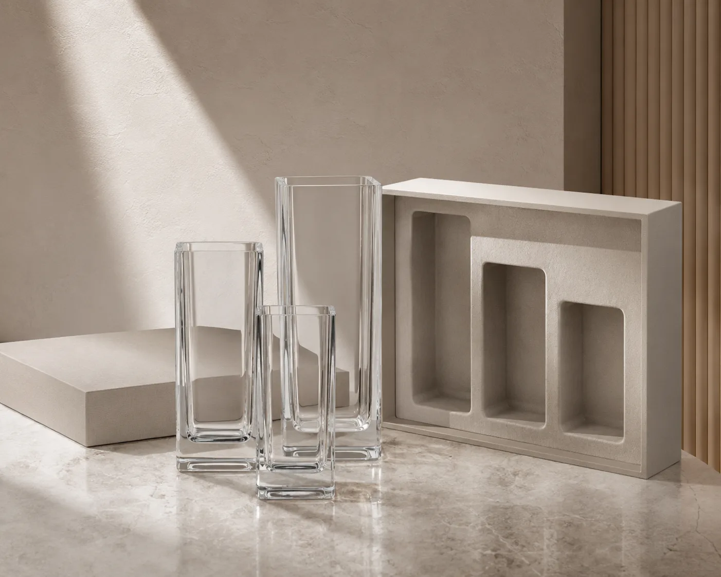 Close-up of Glass Rectangular Vase showing the rim, surface and base detail.