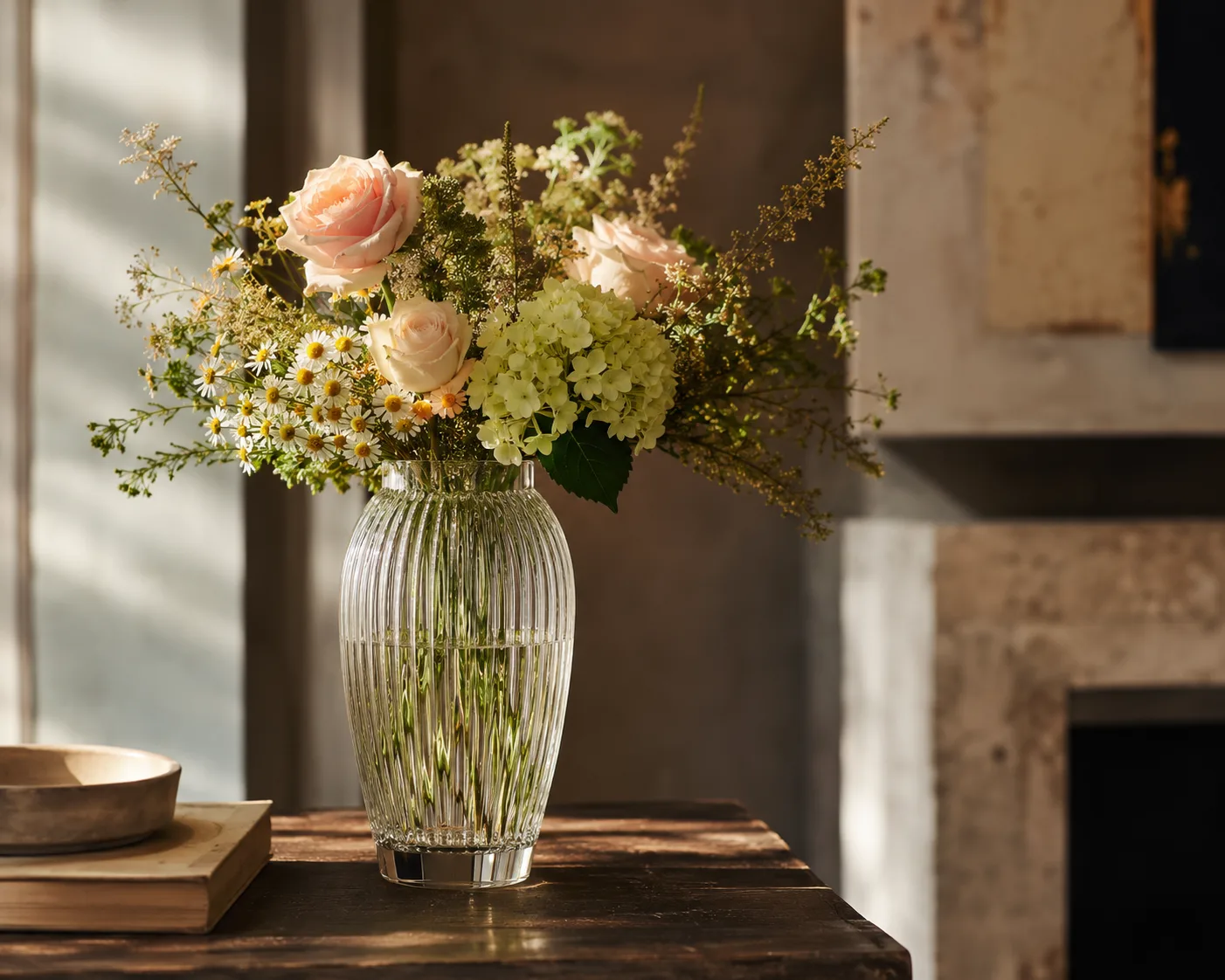 Glass Ribbed Vase in a decorative floral setting for floral arrangements and textured interior decor.