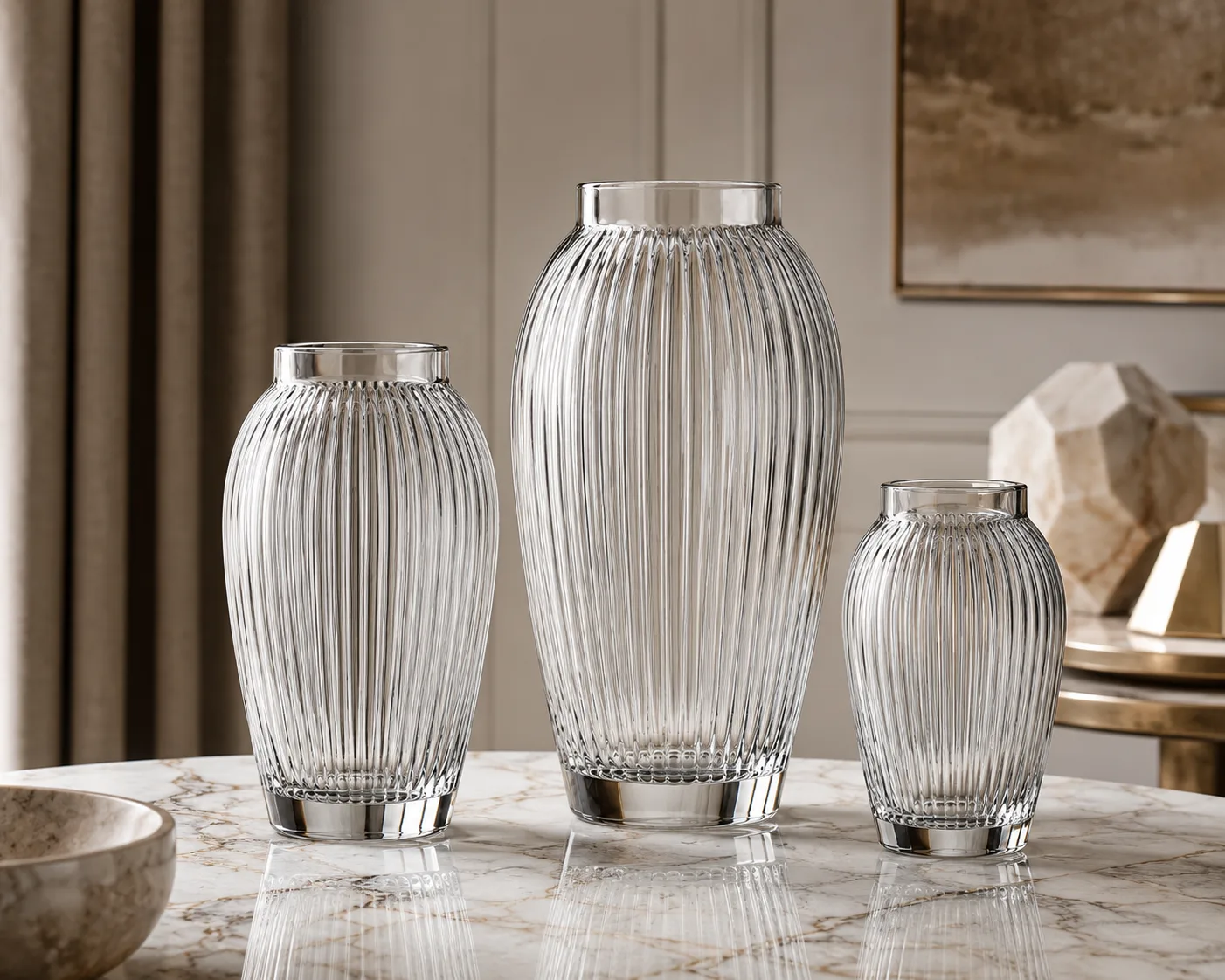 Close-up of Glass Ribbed Vase showing the rim, surface and base detail.