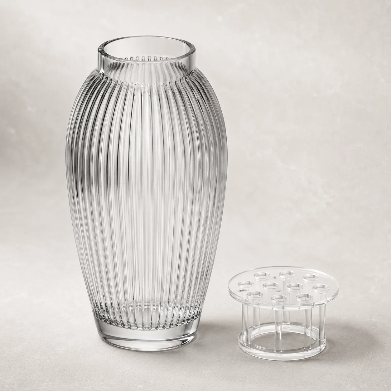 Angled side view of Glass Ribbed Vase showing the outer profile