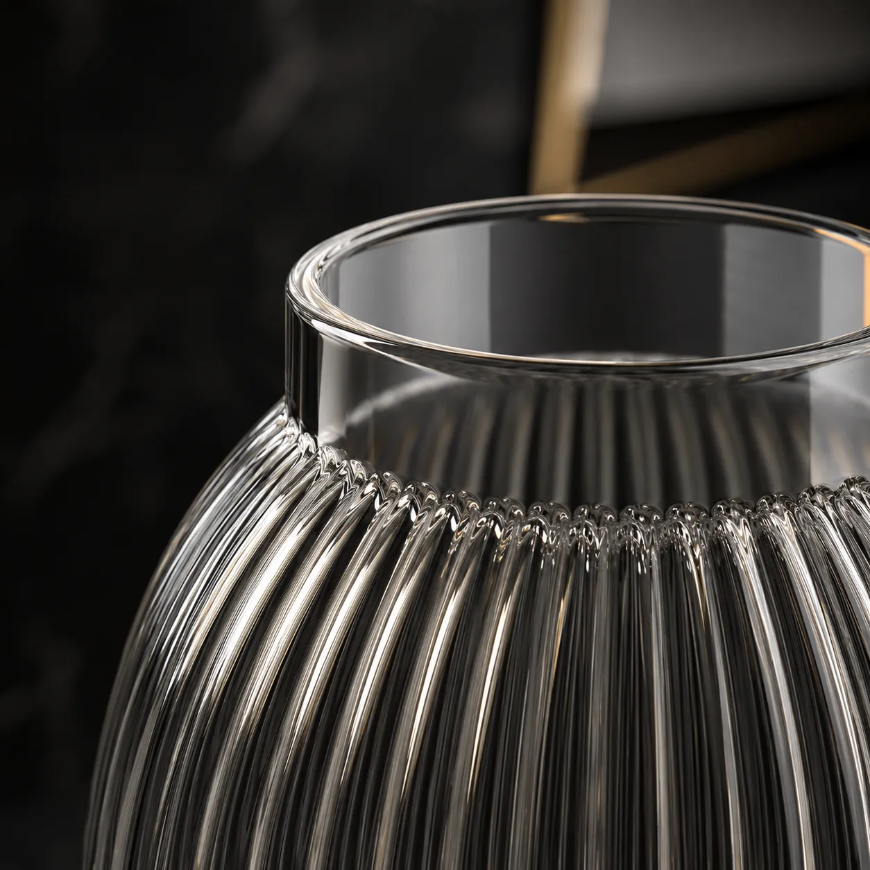 Close view of Glass Ribbed Vase showing base area and textured surface detail