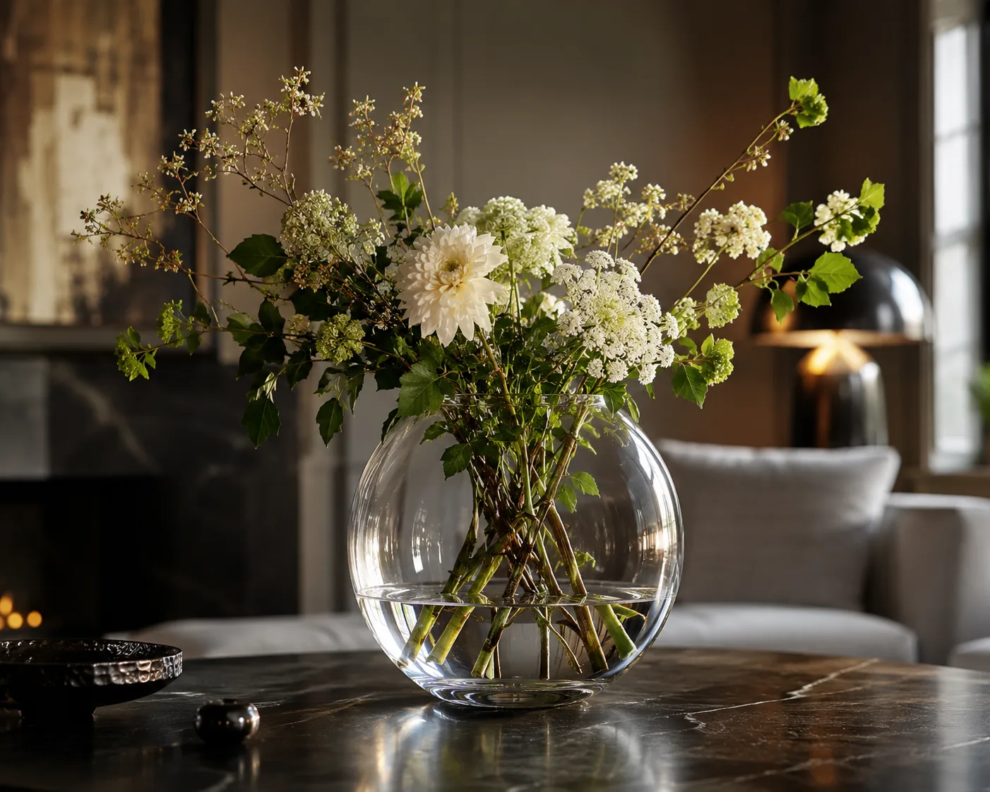 Glass Round Vase in a decorative floral setting for bouquets and centerpieces.