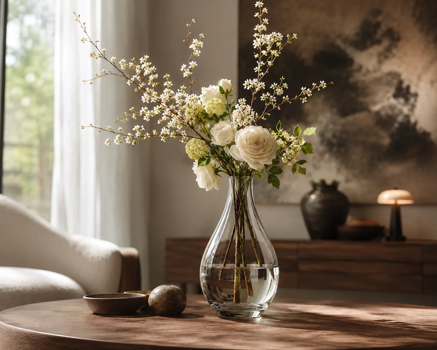Glass Teardrop Vase in a decorative floral setting for single stems and sculptural floral display.