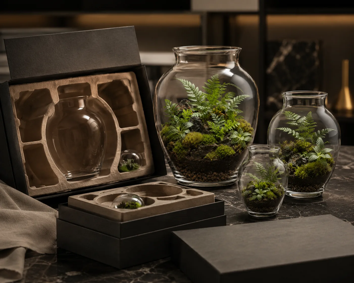 Close-up of Glass Terrarium Vase showing the rim, surface and base detail.