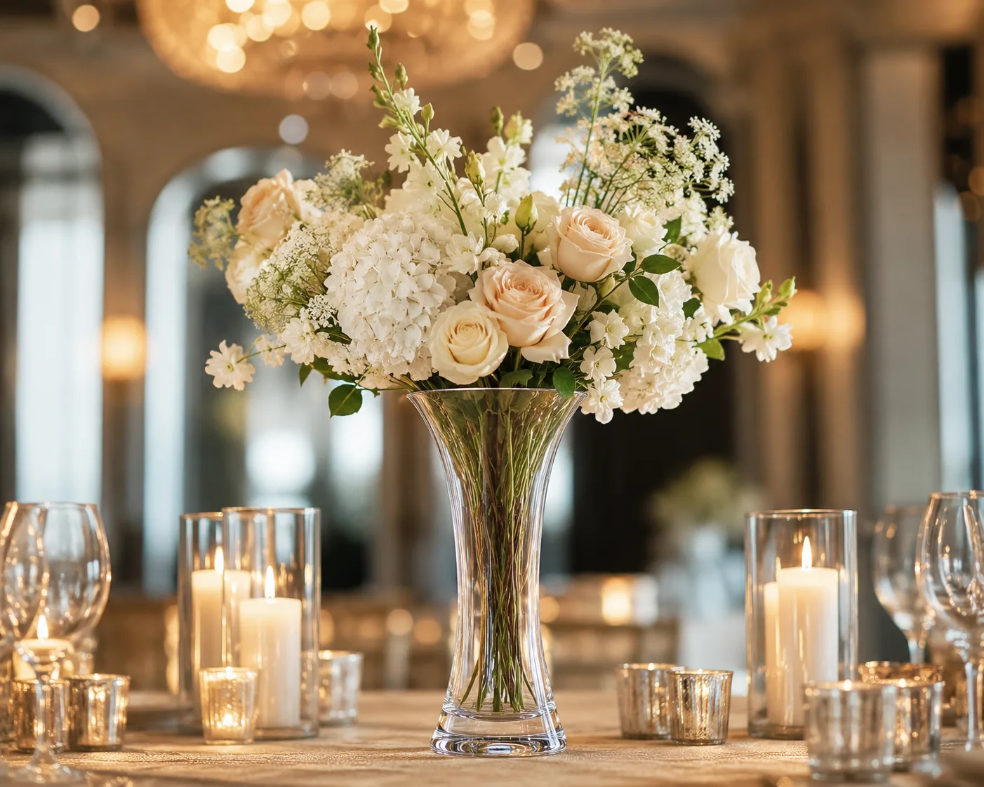 Glass Trumpet Vase in a decorative floral setting for event centerpieces and tall floral arrangements.