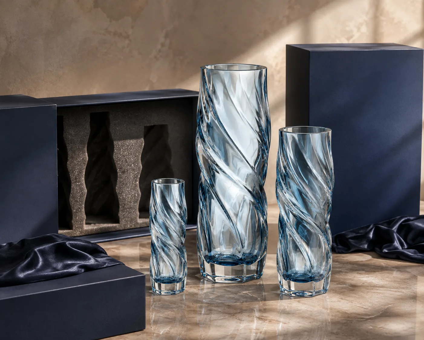 Close-up of Glass Twisted Vase showing the rim, surface and base detail.