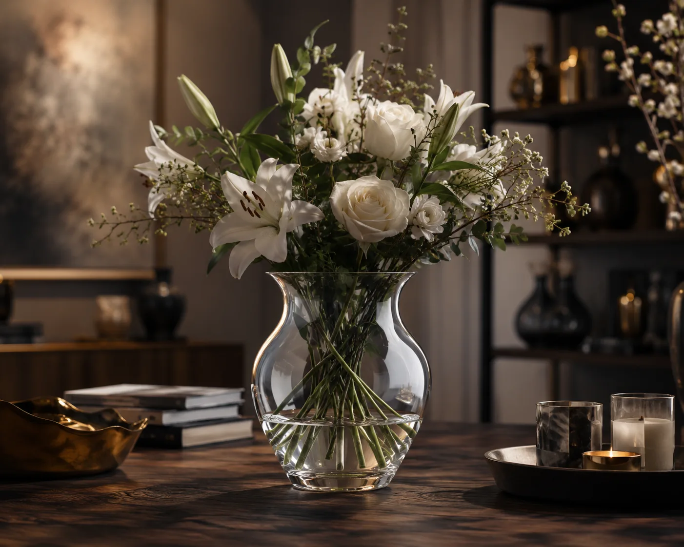 Glass Wide-Mouth Vase in a decorative floral setting for full bouquets and broad floral arrangements.