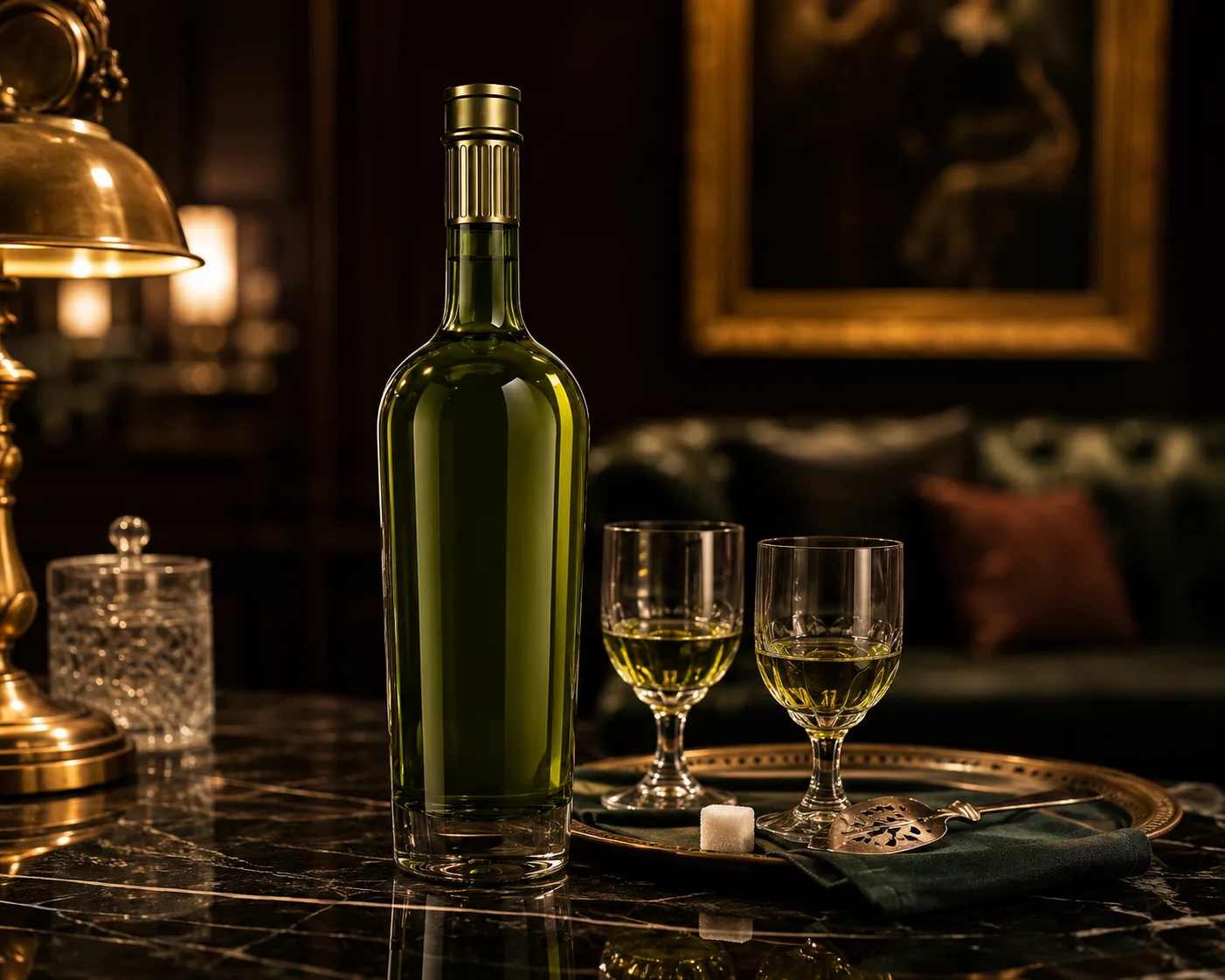 Absinthe Bottle in a premium spirits packaging presentation for absinthe and specialty spirit packaging.