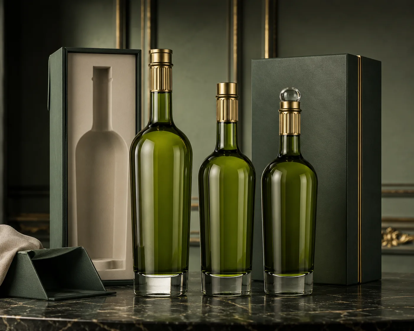 Close-up of Absinthe Bottle showing the glass finish, closure area and base.