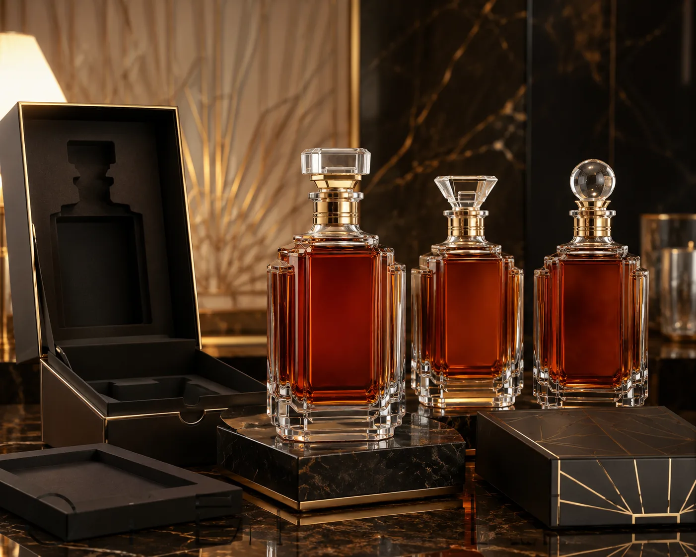 Close-up of Art Deco Liquor Bottle showing the glass finish, closure area and base.