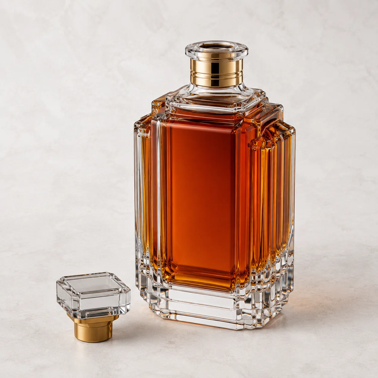 Angled side view of Art Deco Liquor Bottle showing the outer profile