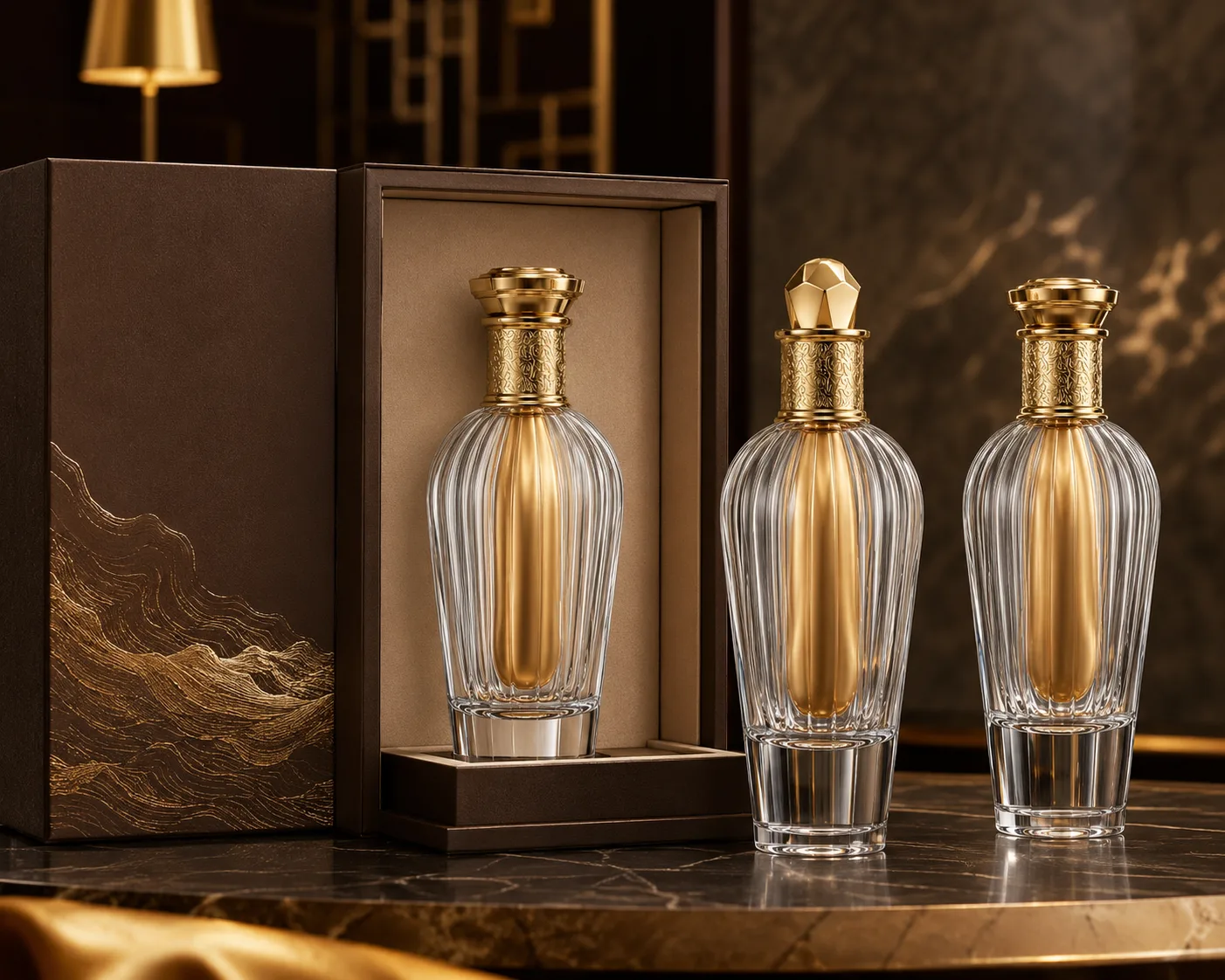 Close-up of Baijiu Bottle showing the glass finish, closure area and base.