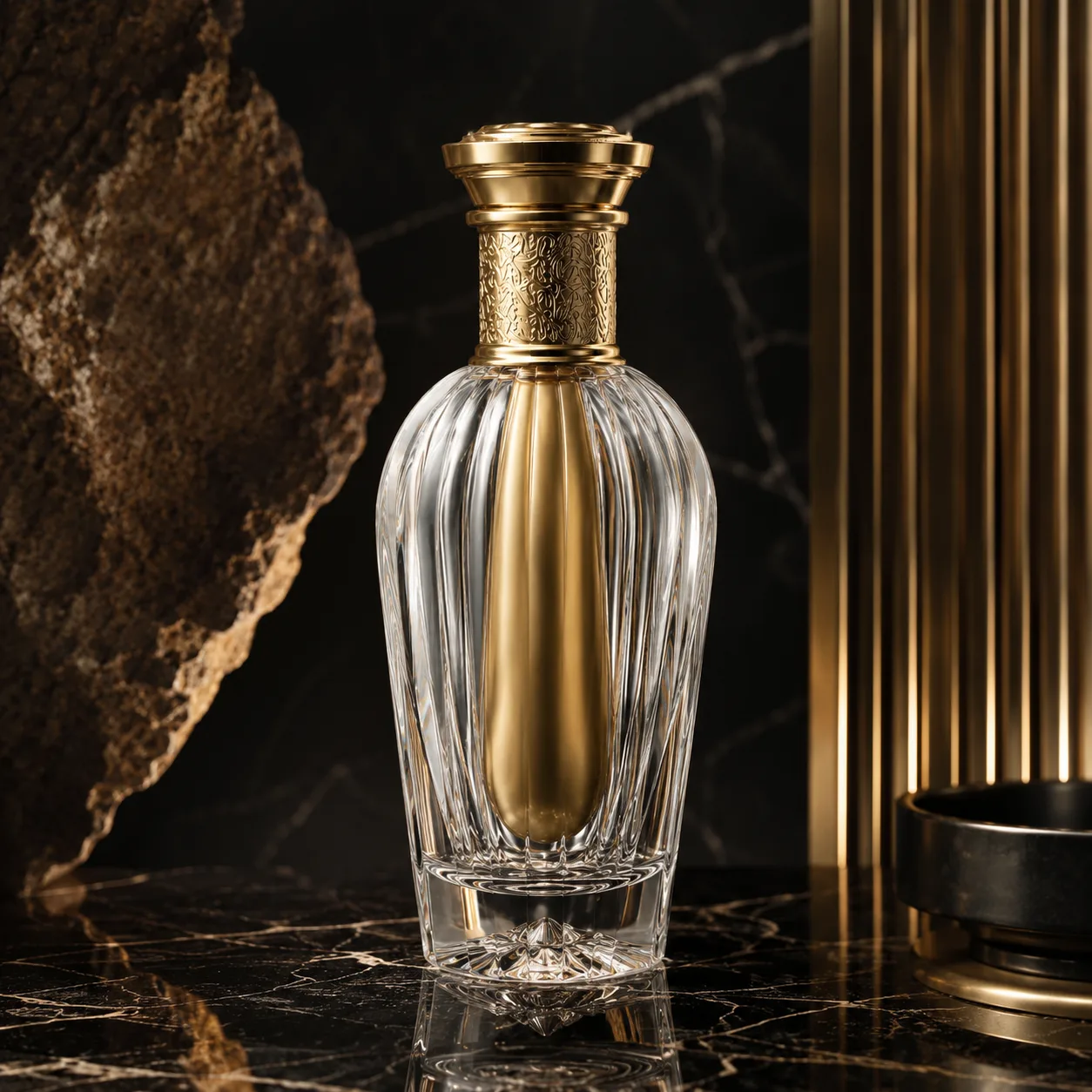 Baijiu Bottle with clear ribbed glass body and ornate gold neck collar