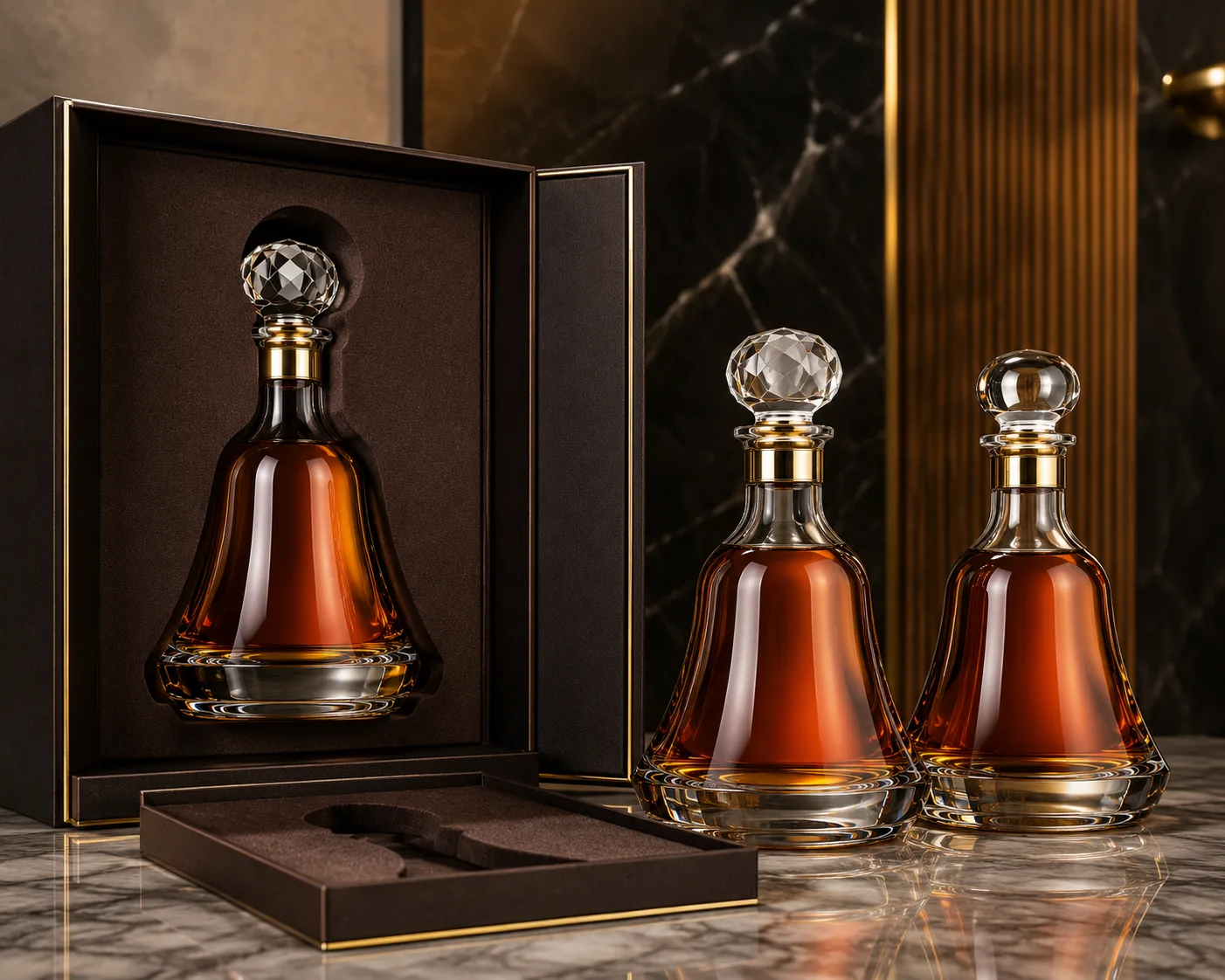 Close-up of Bell-Shaped Liquor Bottle showing the glass finish, closure area and base.