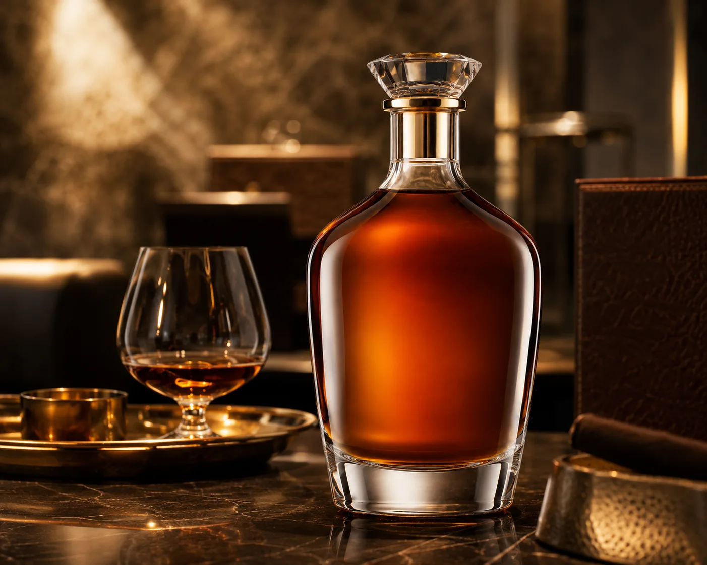 Cognac Bottle in a premium spirits packaging presentation for cognac and premium spirit packaging.