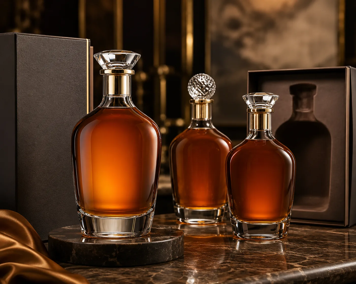 Close-up of Cognac Bottle showing the glass finish, closure area and base.