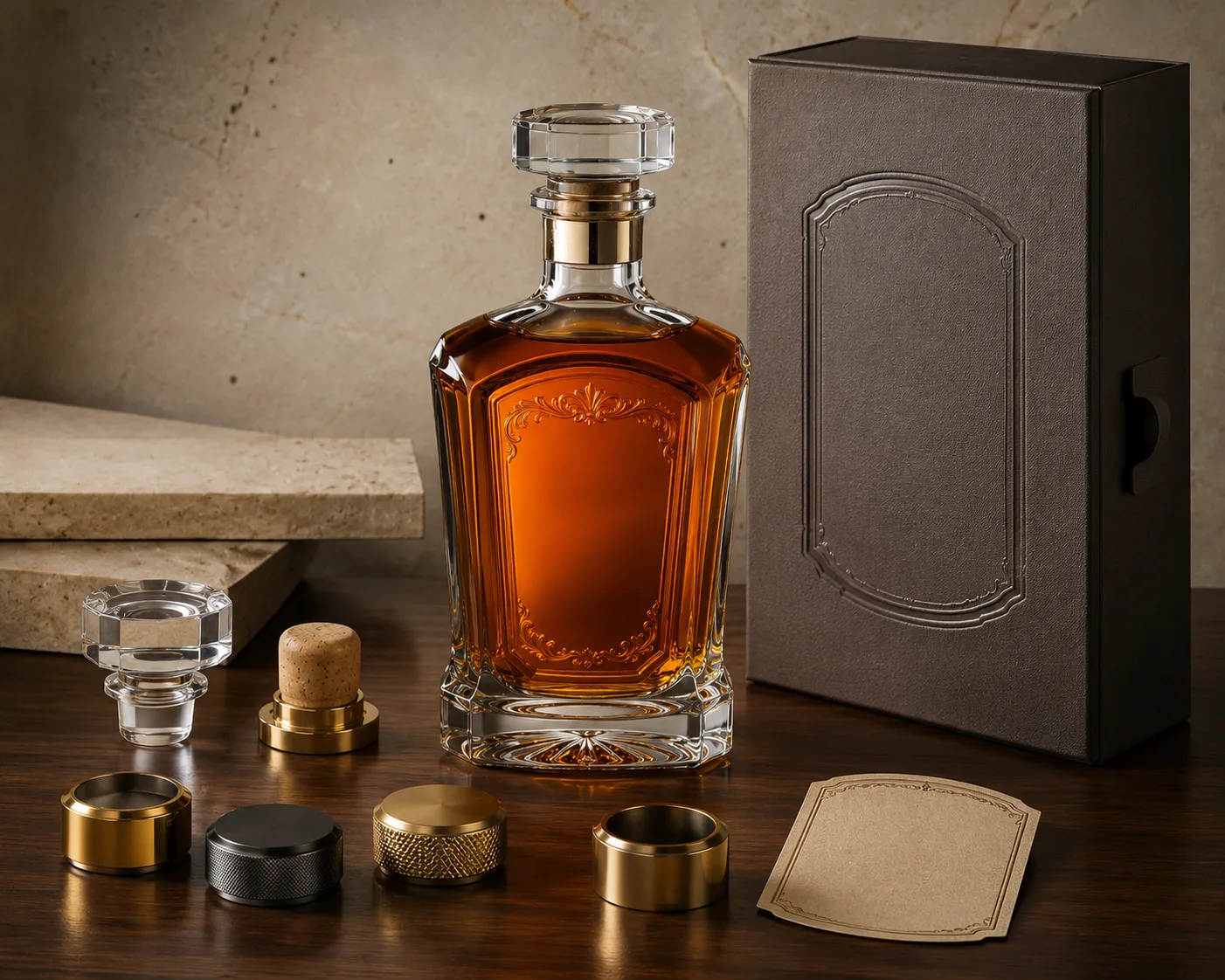 Embossed Liquor Bottle shown from a secondary angle with the shoulder and neck visible.