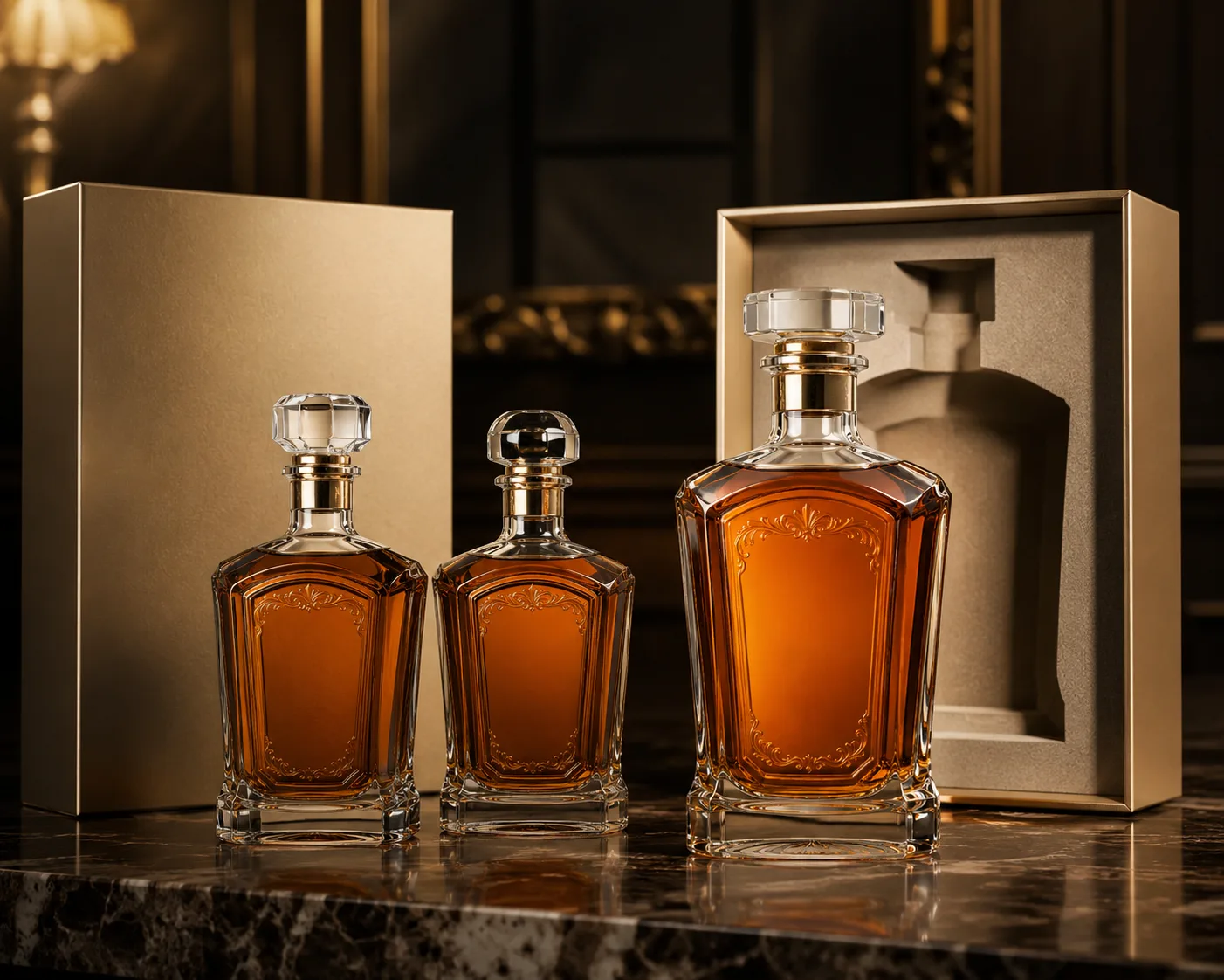 Close-up of Embossed Liquor Bottle showing the glass finish, closure area and base.