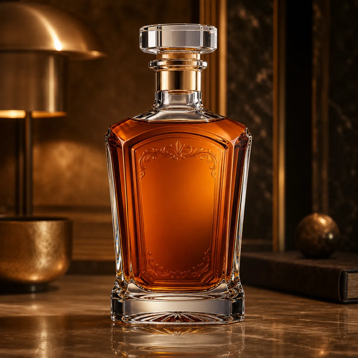 Detail view of Embossed Liquor Bottle showing cork, bar top or cap by neck finish