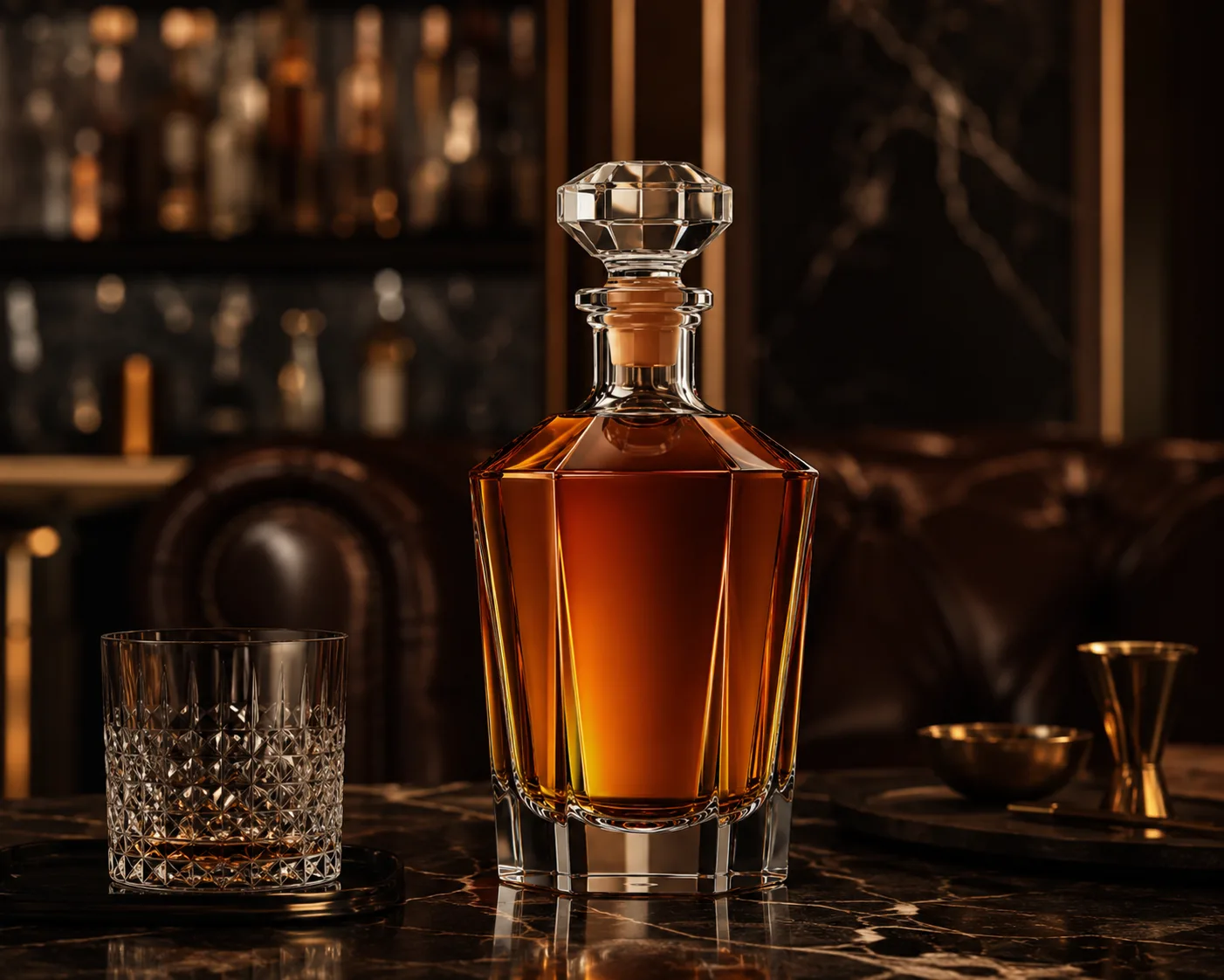 Faceted Liquor Bottle in a premium spirits packaging presentation for premium spirits and decorative bar presentation.