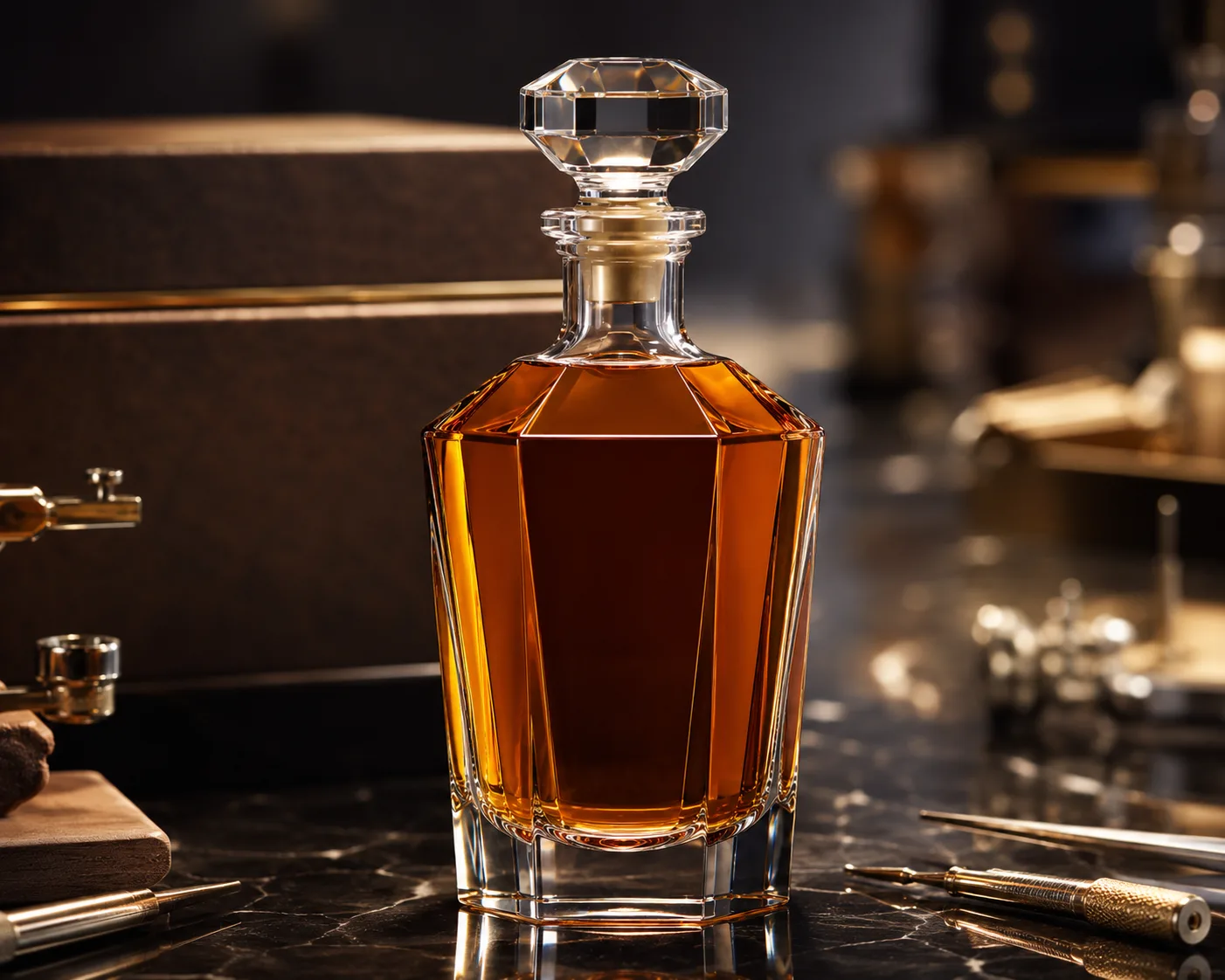 Faceted Liquor Bottle in a coordinated bar or gift-packaging display.