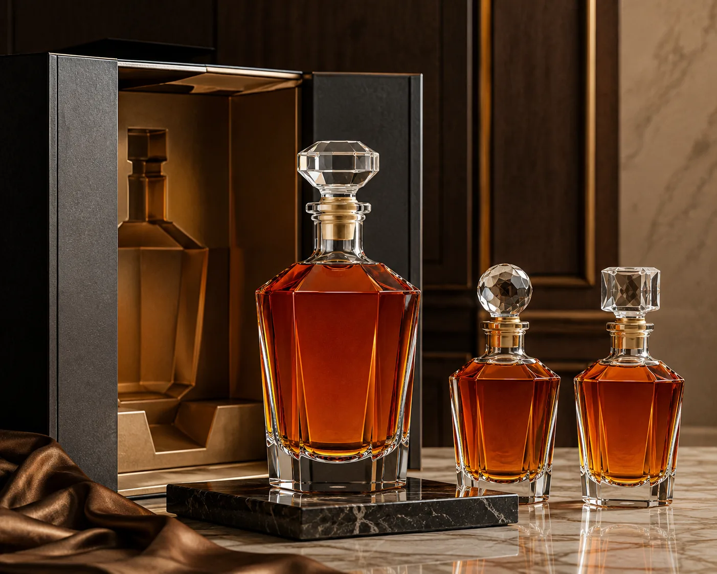 Close-up of Faceted Liquor Bottle showing the glass finish, closure area and base.