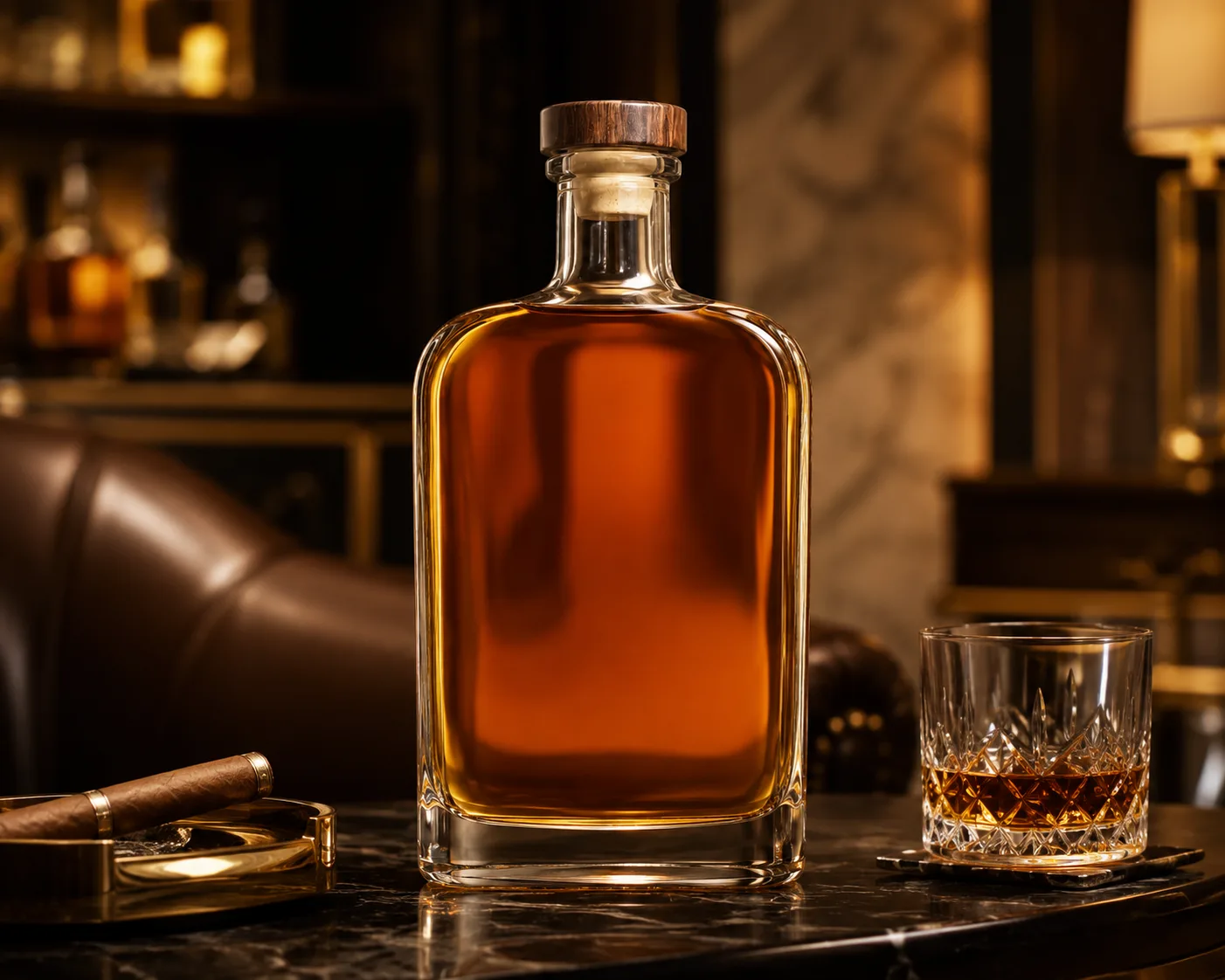 Flask Liquor Bottle in a premium spirits packaging presentation for whiskey and brandy.