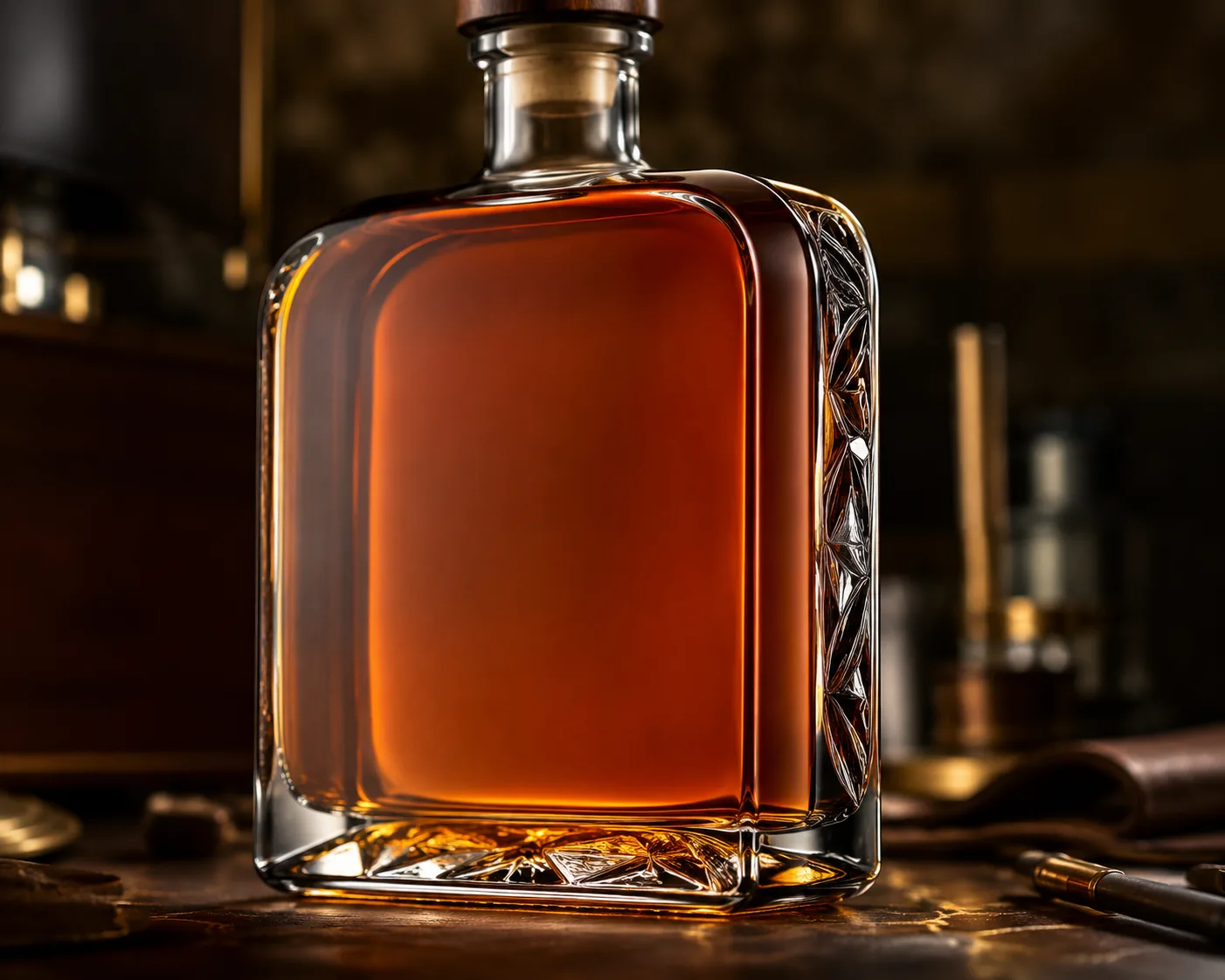 Flask Liquor Bottle in a coordinated bar or gift-packaging display.