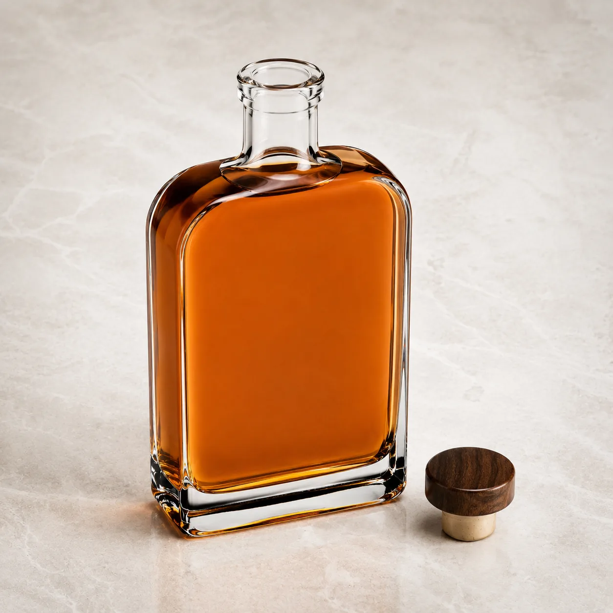 Angled side view of Flask Liquor Bottle showing the outer profile