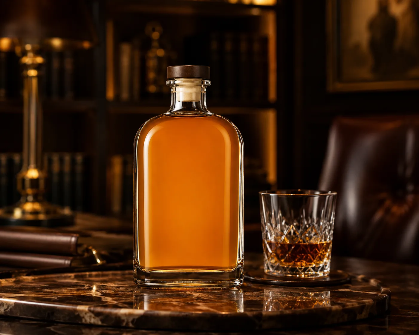 Flat Whiskey Bottle in a premium spirits packaging presentation for whiskey and private-label spirit packaging.