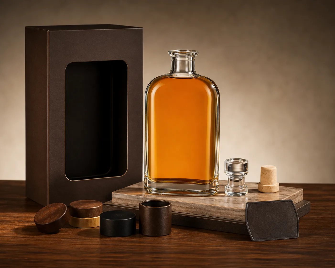 Flat Whiskey Bottle shown from a secondary angle with the shoulder and neck visible.