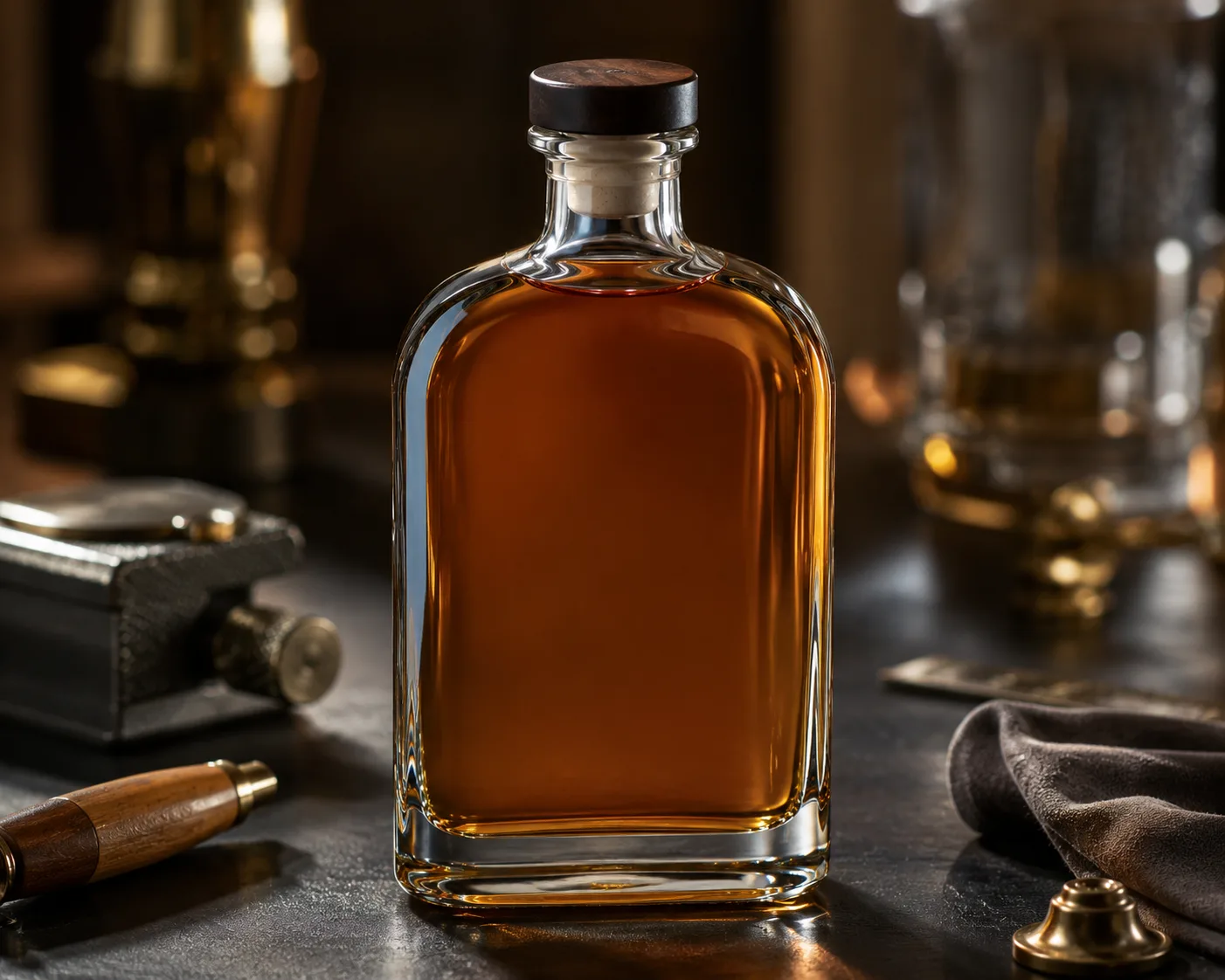 Flat Whiskey Bottle in a coordinated bar or gift-packaging display.