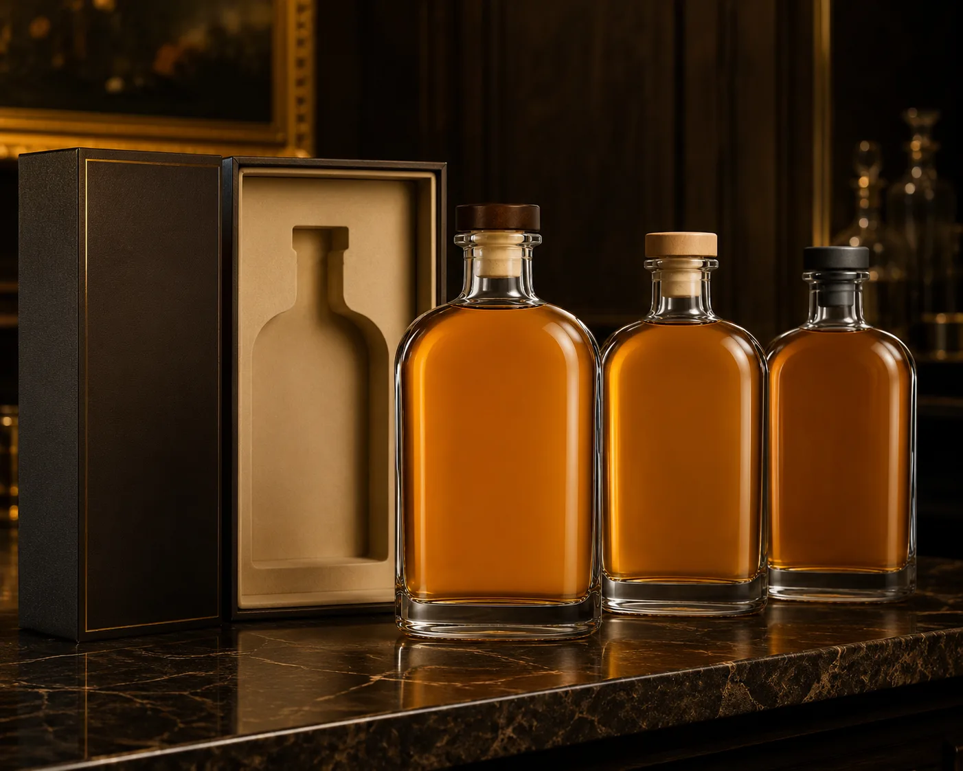 Close-up of Flat Whiskey Bottle showing the glass finish, closure area and base.