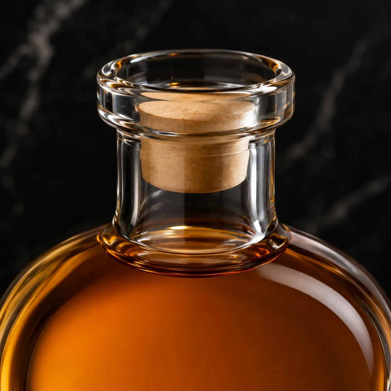 Close view of Flat Whiskey Bottle showing shoulder shape and label / embossing