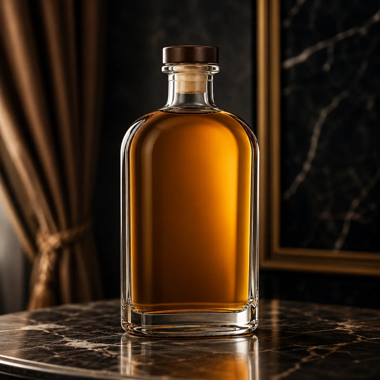Detail view of Flat Whiskey Bottle showing cork, bar top or cap by neck finish