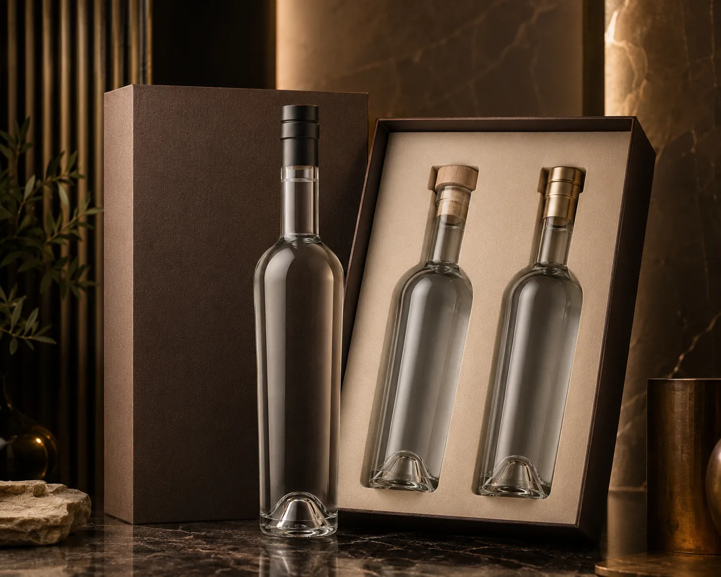 Close-up of Grappa Bottle showing the glass finish, closure area and base.
