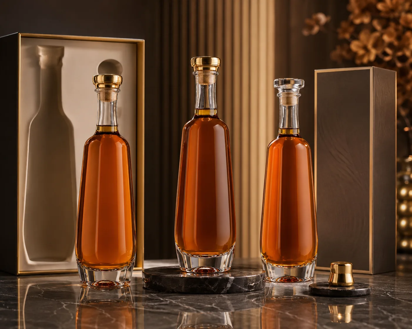 Close-up of Liqueur Bottle showing the glass finish, closure area and base.