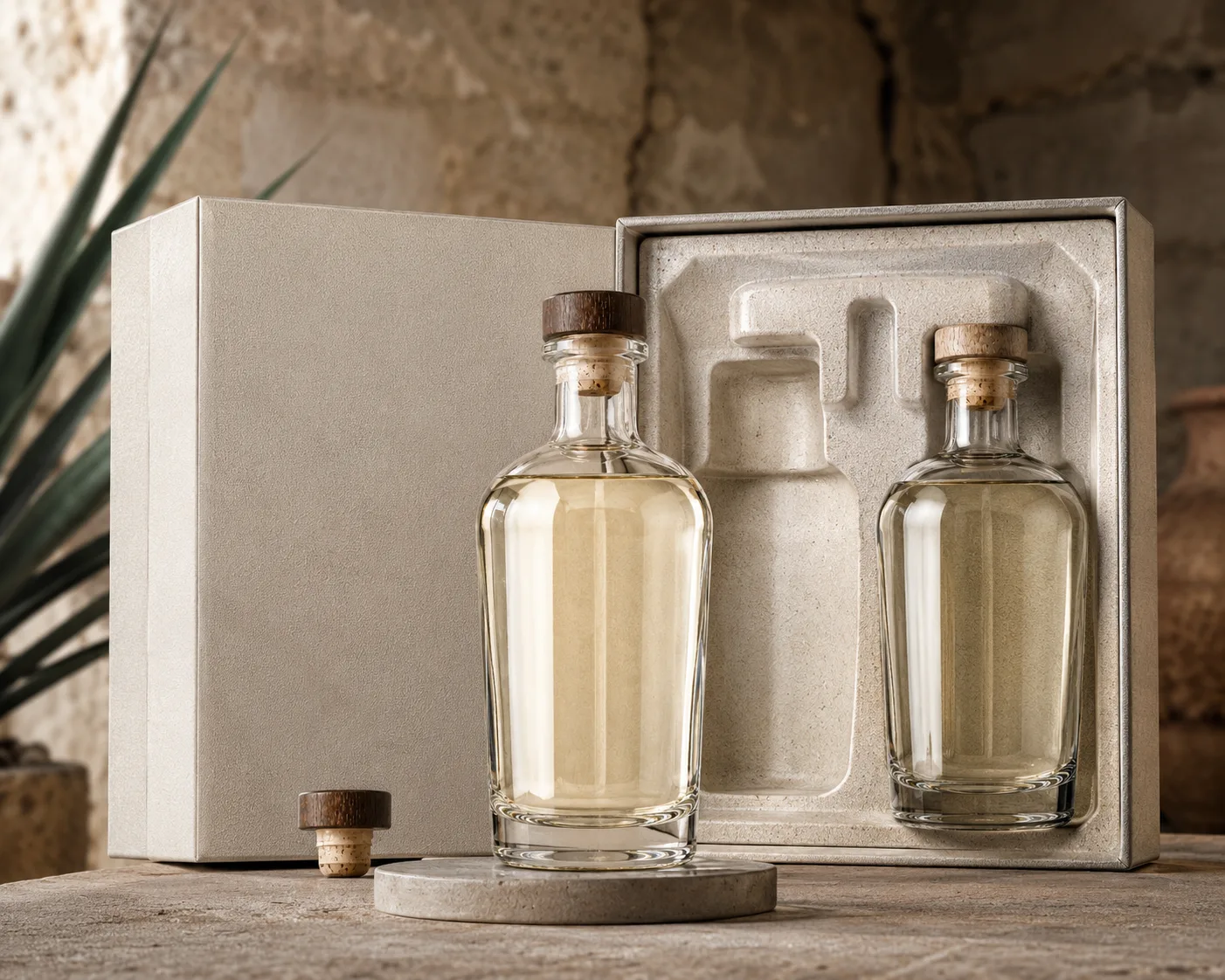 Close-up of Mezcal Bottle showing the glass finish, closure area and base.