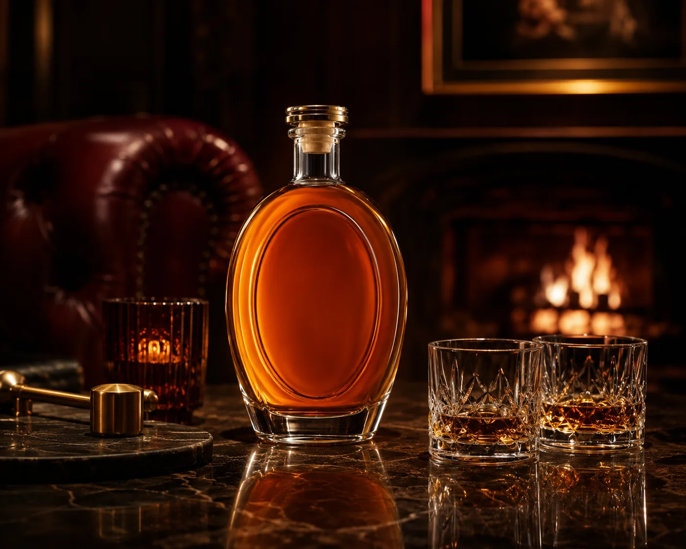 Oval Whiskey Bottle in a premium spirits packaging presentation for whiskey and premium spirit packaging.