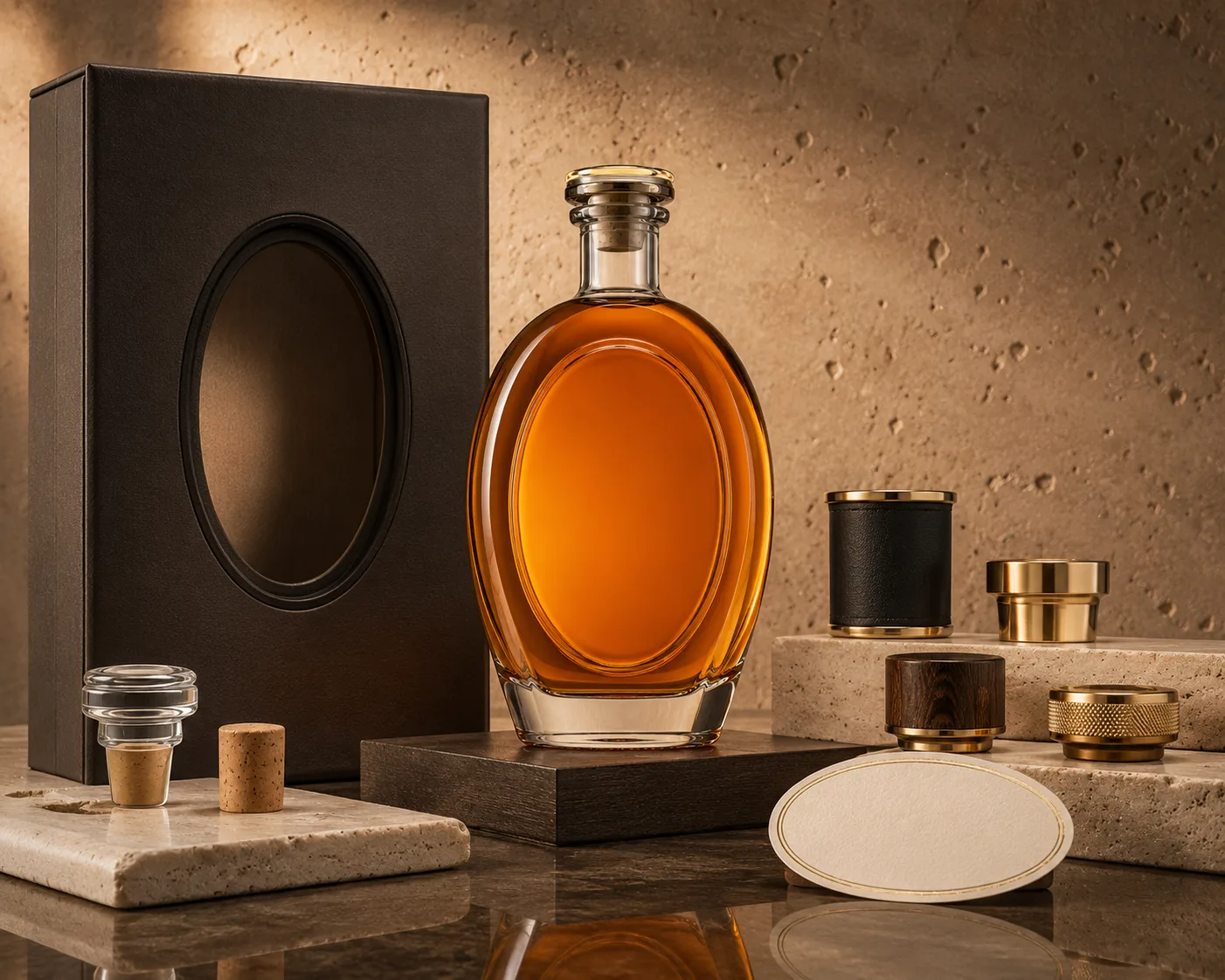 Oval Whiskey Bottle shown from a secondary angle with the shoulder and neck visible.
