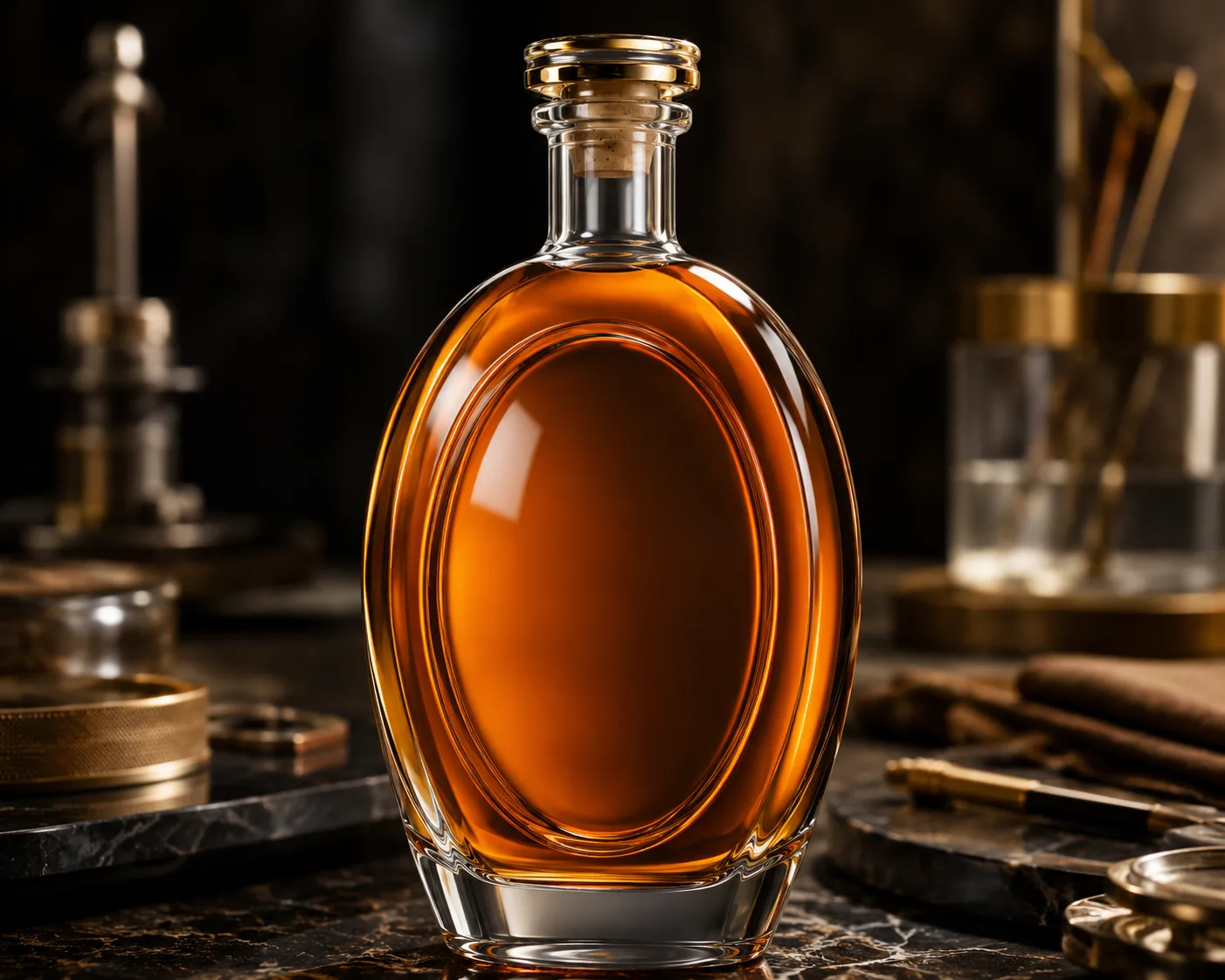 Oval Whiskey Bottle in a coordinated bar or gift-packaging display.