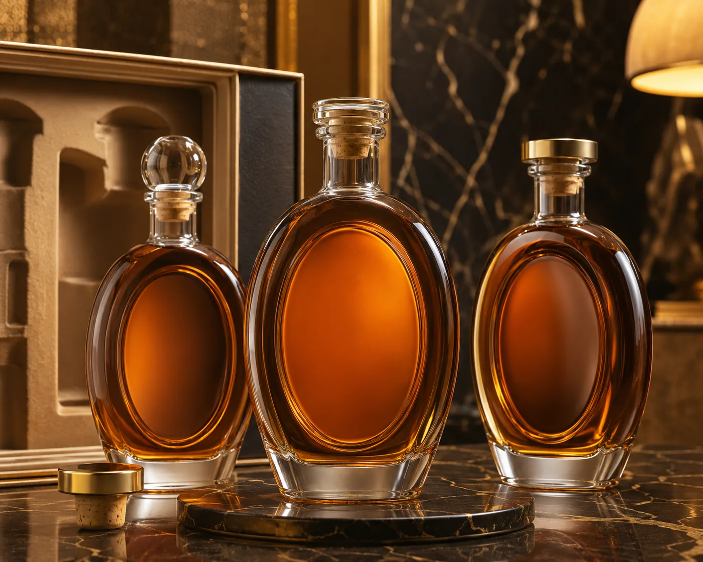 Close-up of Oval Whiskey Bottle showing the glass finish, closure area and base.
