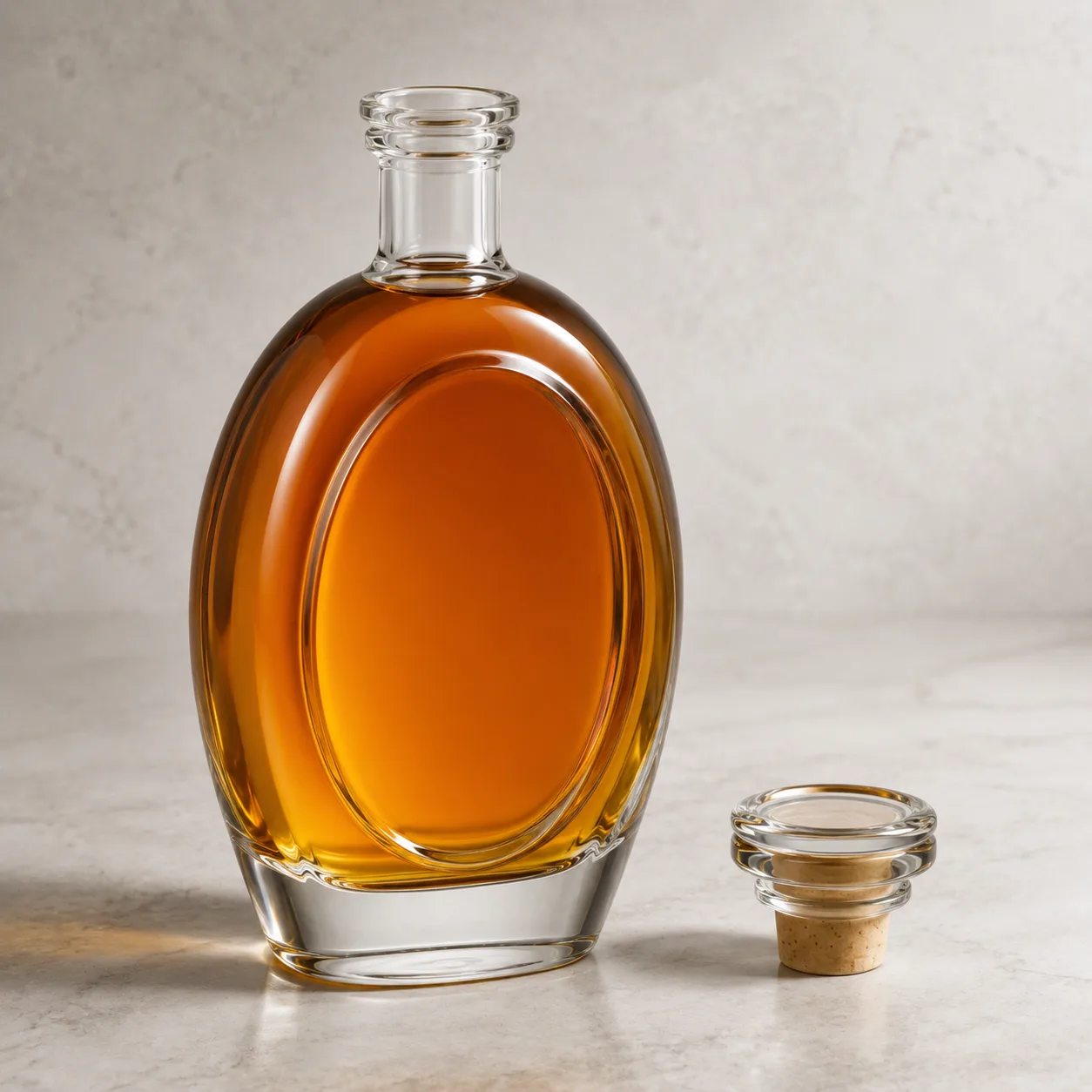 Angled side view of Oval Whiskey Bottle showing the outer profile