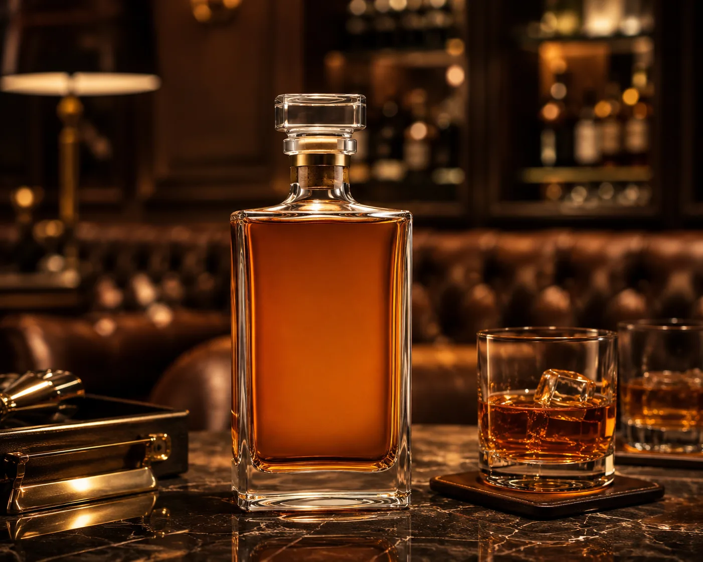 Rectangular Whiskey Bottle in a premium spirits packaging presentation for whiskey and premium spirit packaging.