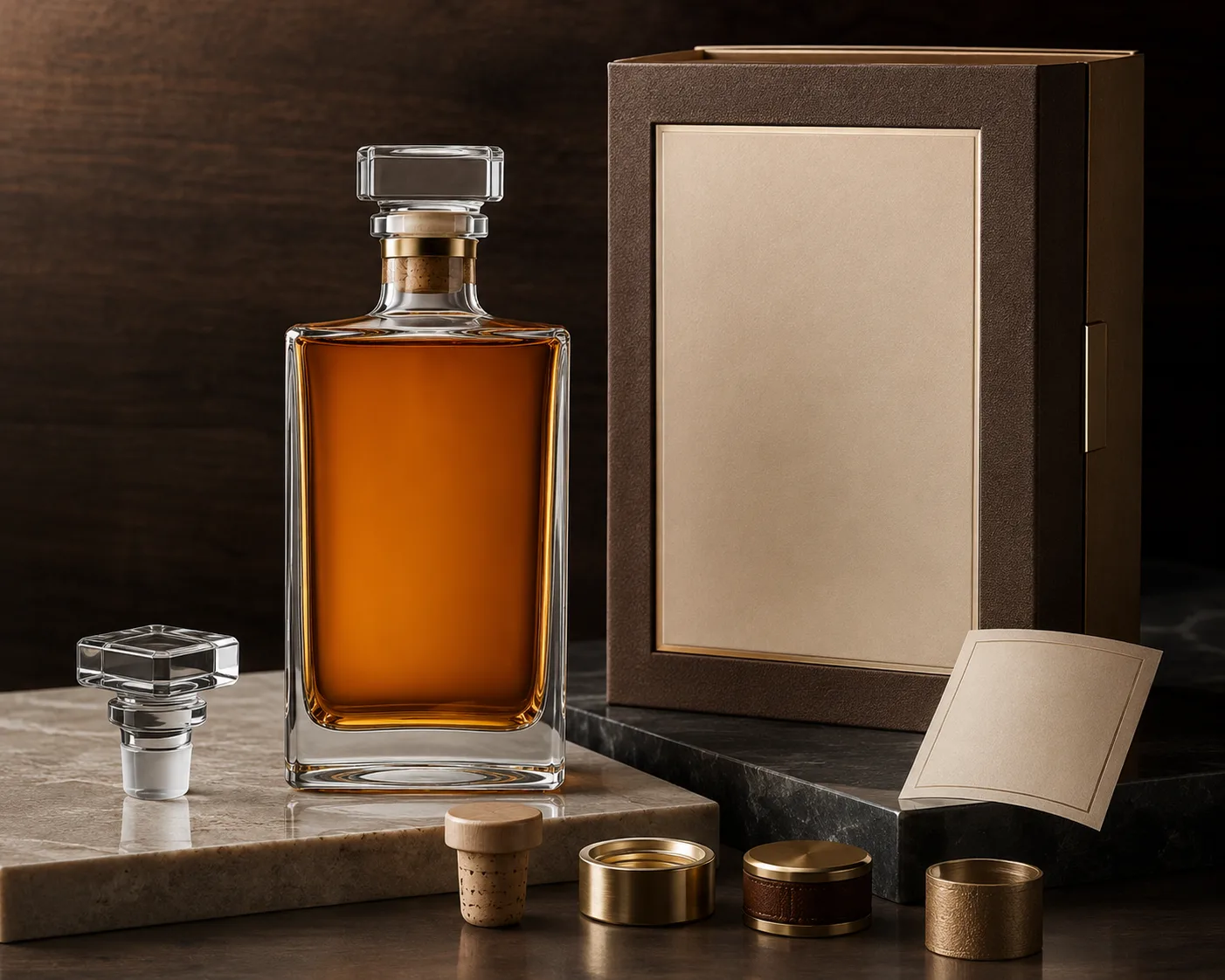 Rectangular Whiskey Bottle shown from a secondary angle with the shoulder and neck visible.