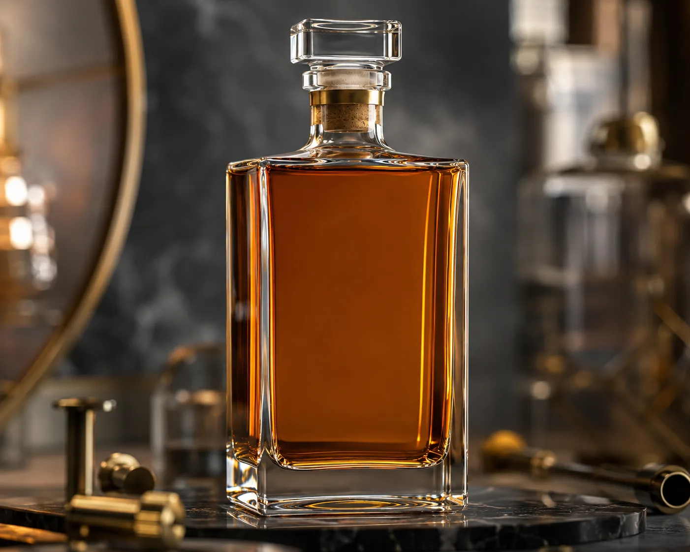 Rectangular Whiskey Bottle in a coordinated bar or gift-packaging display.