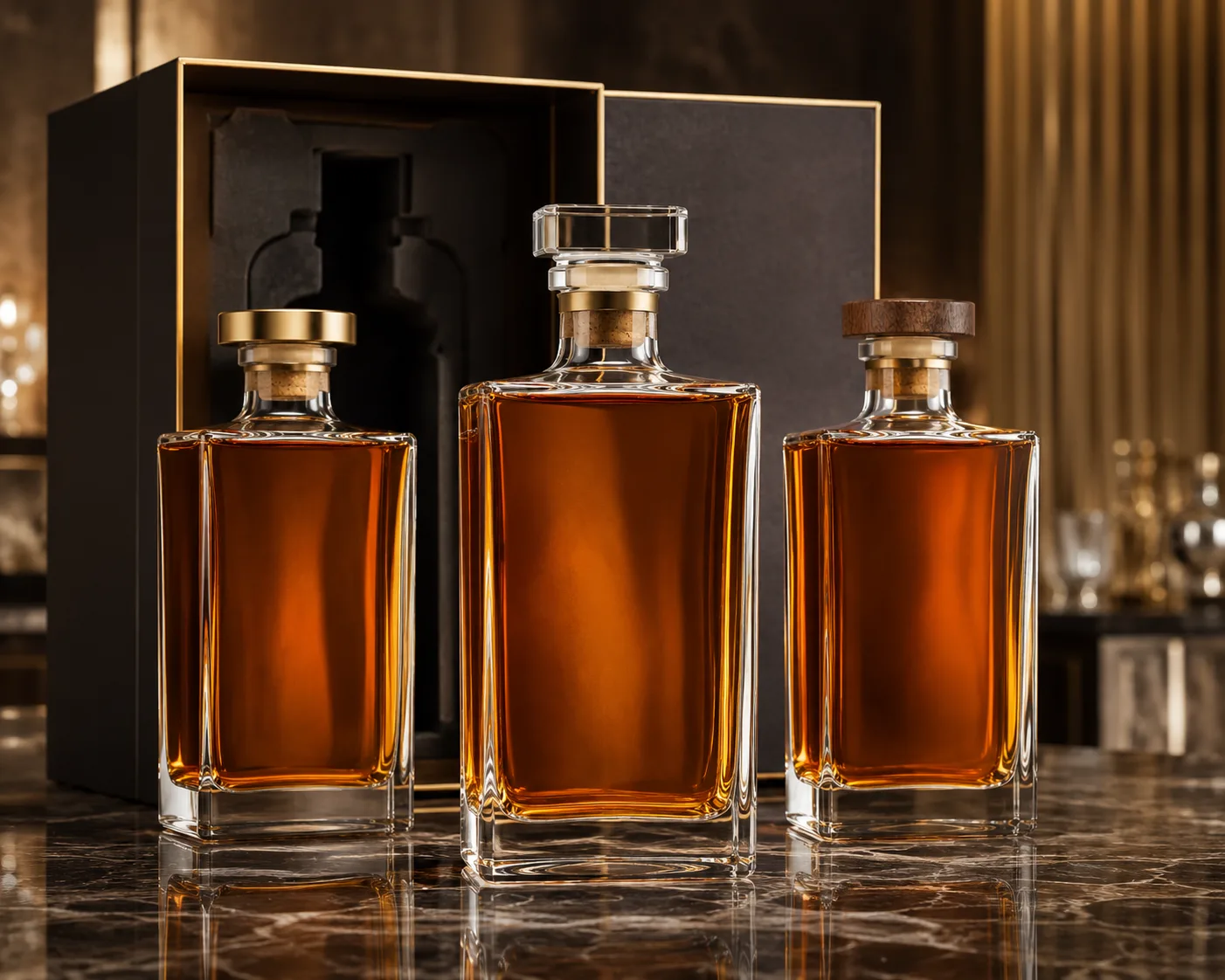 Close-up of Rectangular Whiskey Bottle showing the glass finish, closure area and base.